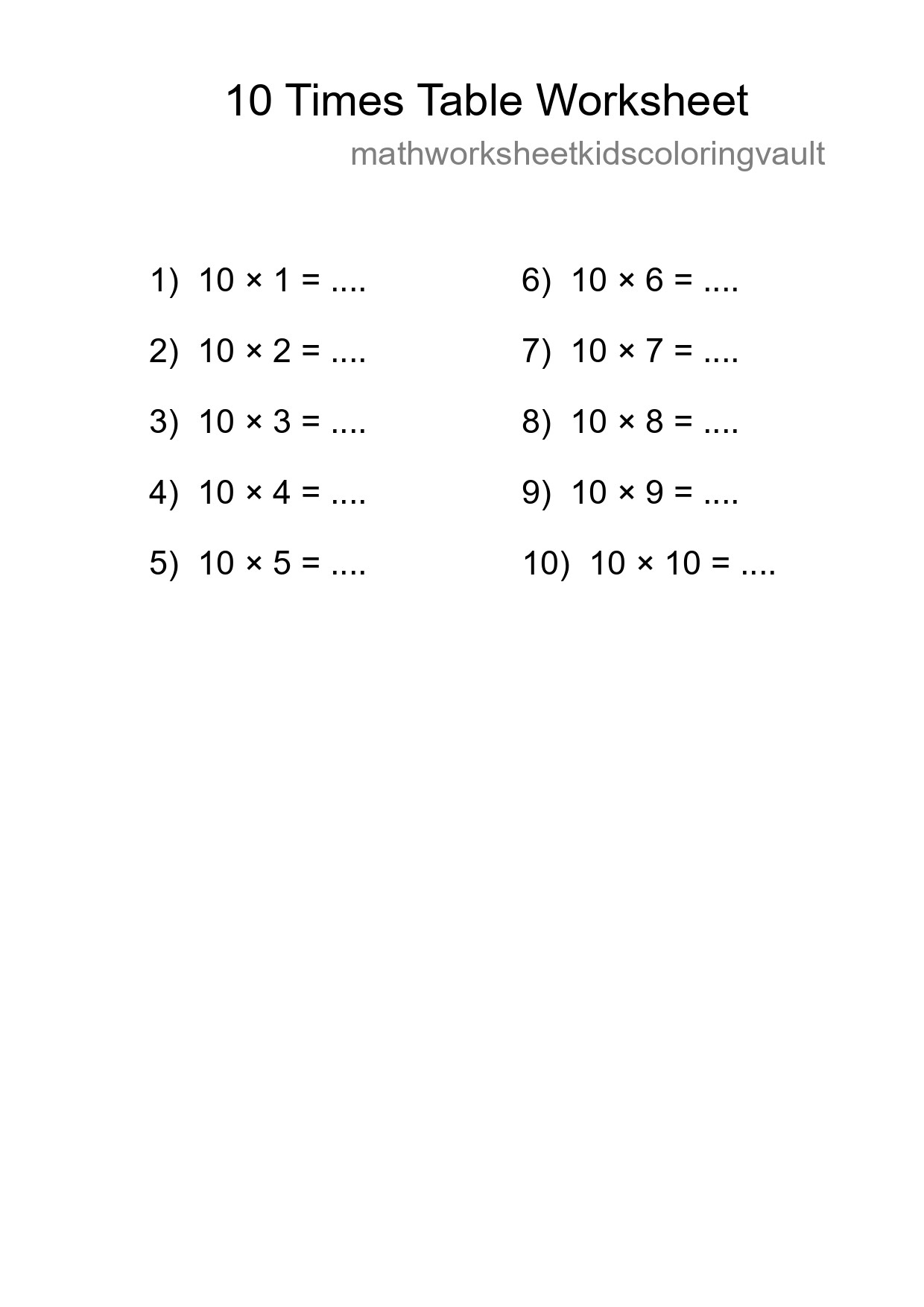 10 Times Table Worksheet For Grade 3 With Answers - Part 207