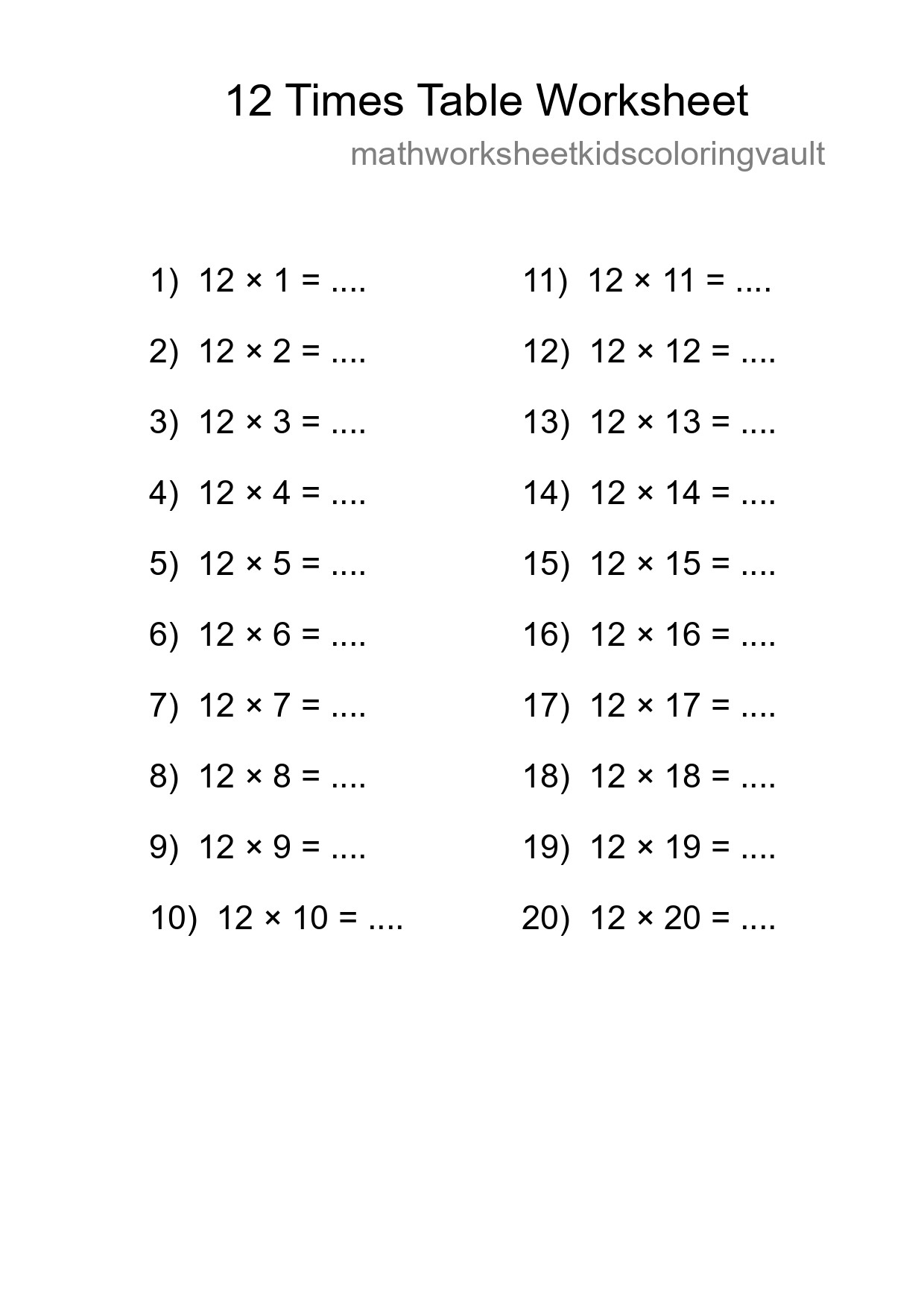 12 Times Table Worksheet For Grade 4 With Answers - Part 108