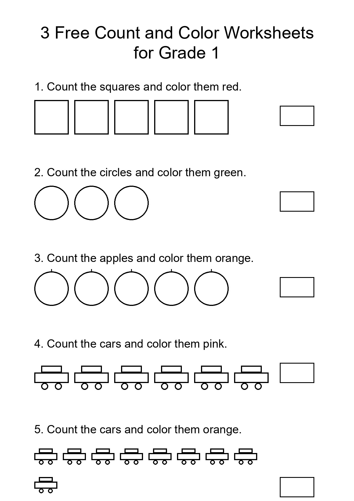 3 Free Count and Color Worksheets for Grade 1