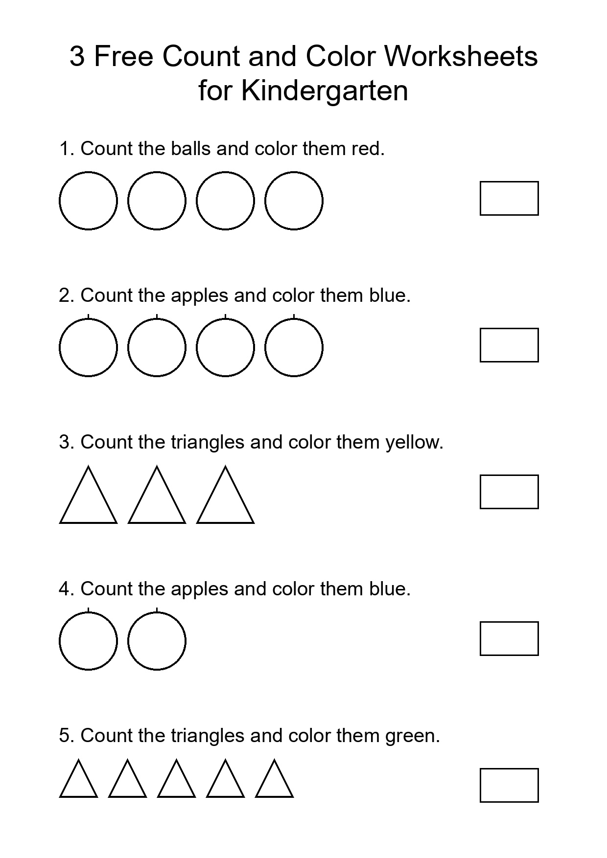 3 Free Count and Color Worksheets for Kindergarten