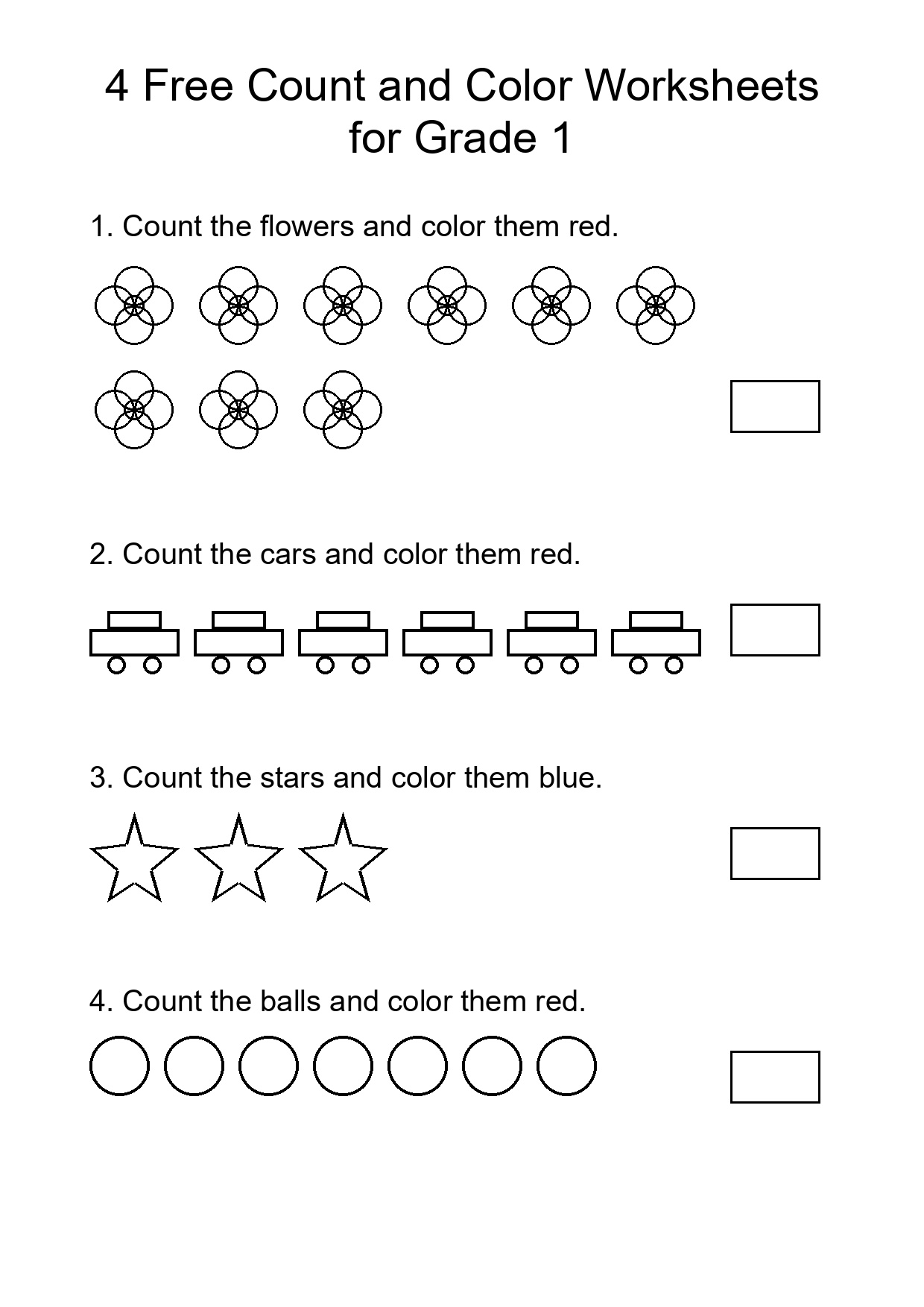 4 Free Count and Color Worksheets for Grade 1