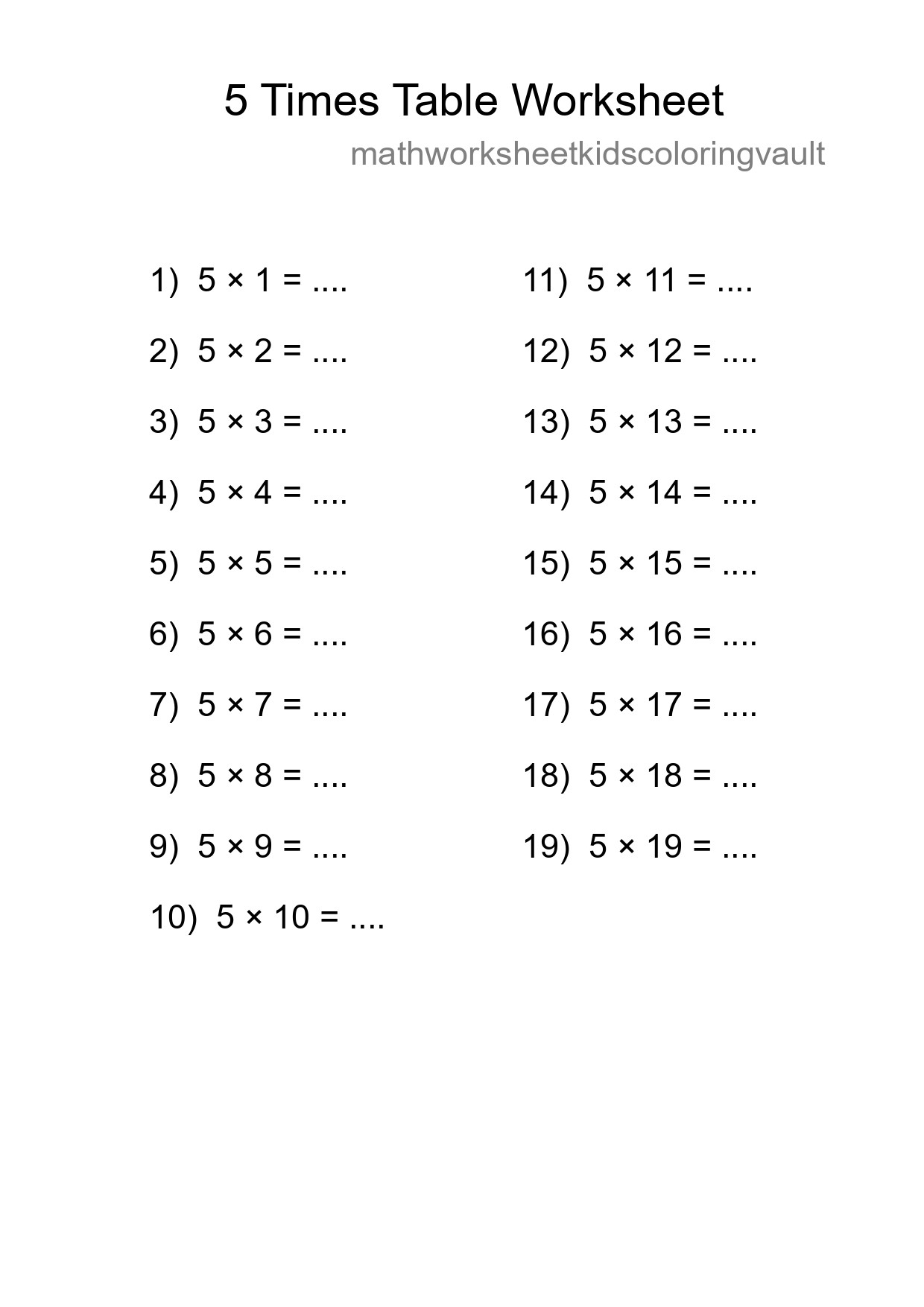 5 Times Table Worksheet For Grade 2 - Part 97