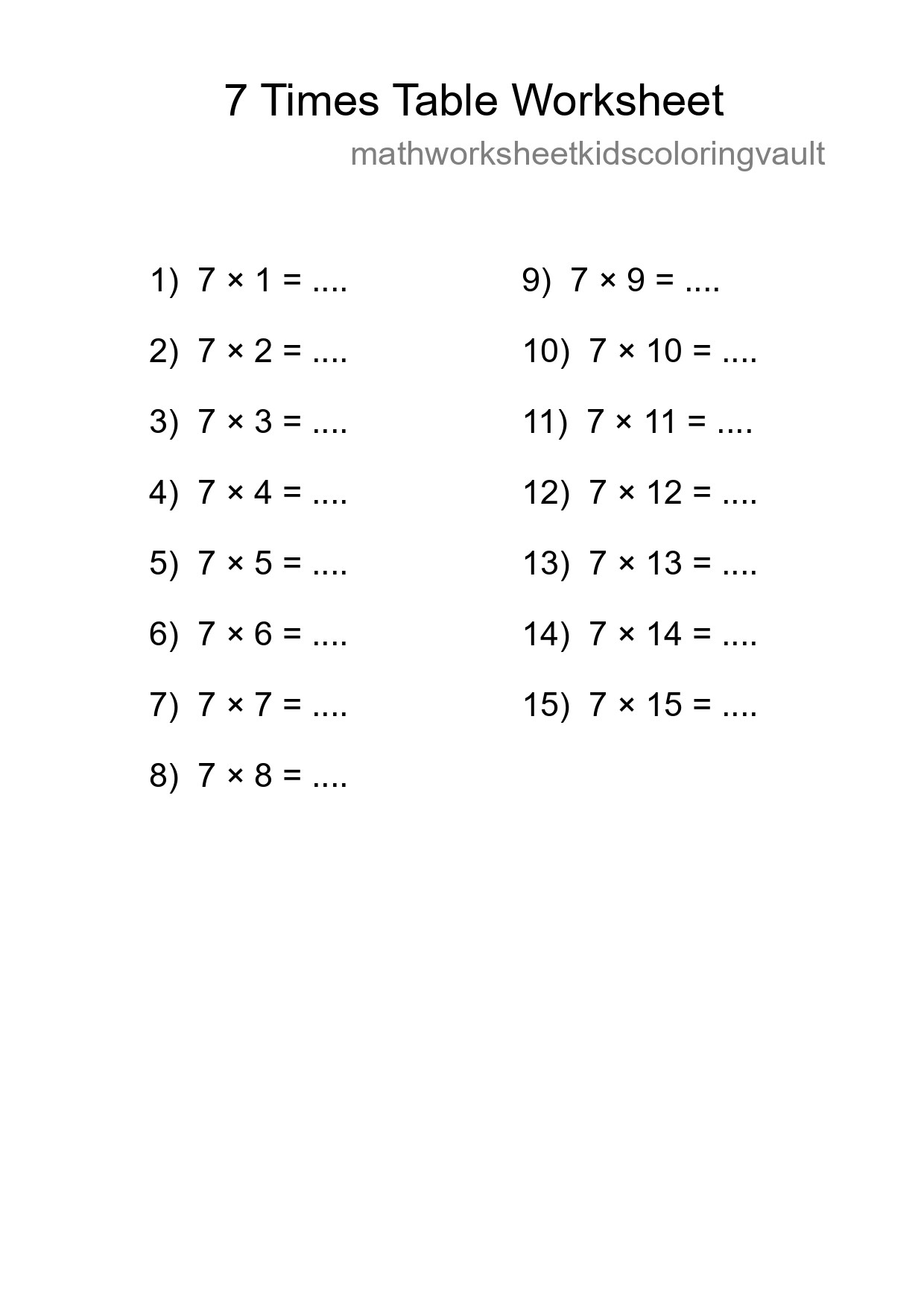 7 Times Table Worksheet For Grade 3 - Part 64