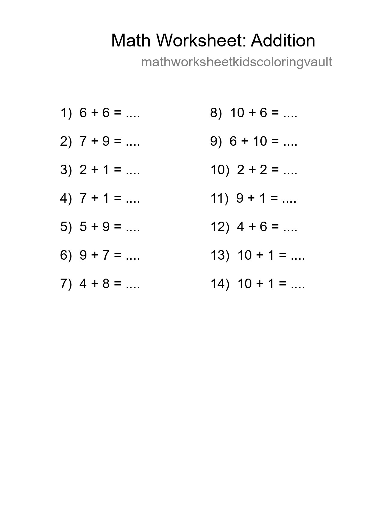 Free 14 Addition Math Worksheet For Grade 1 - Part 67
