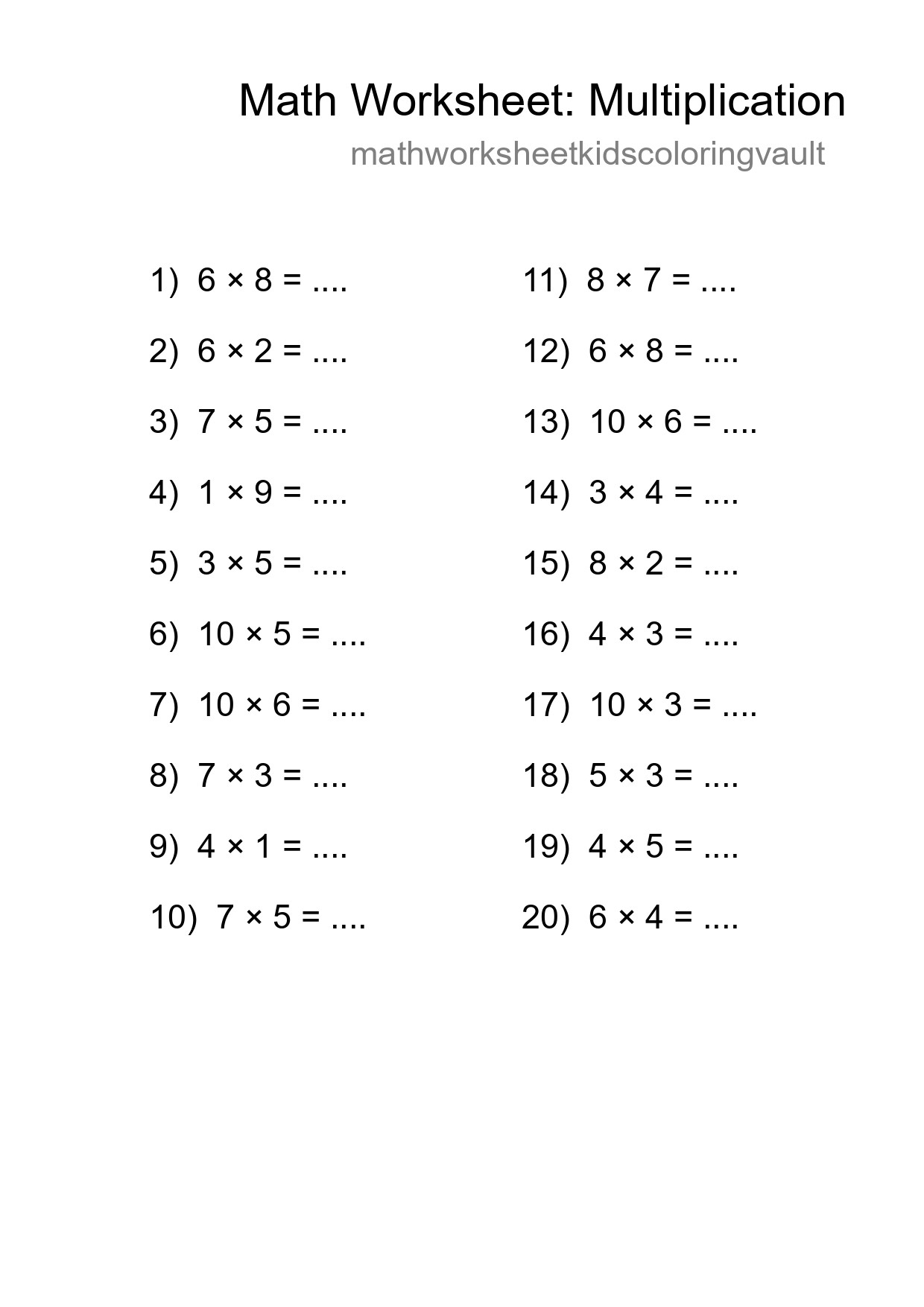 Free 20 Multiplication Math Worksheet For Grade 1 - Part 172
