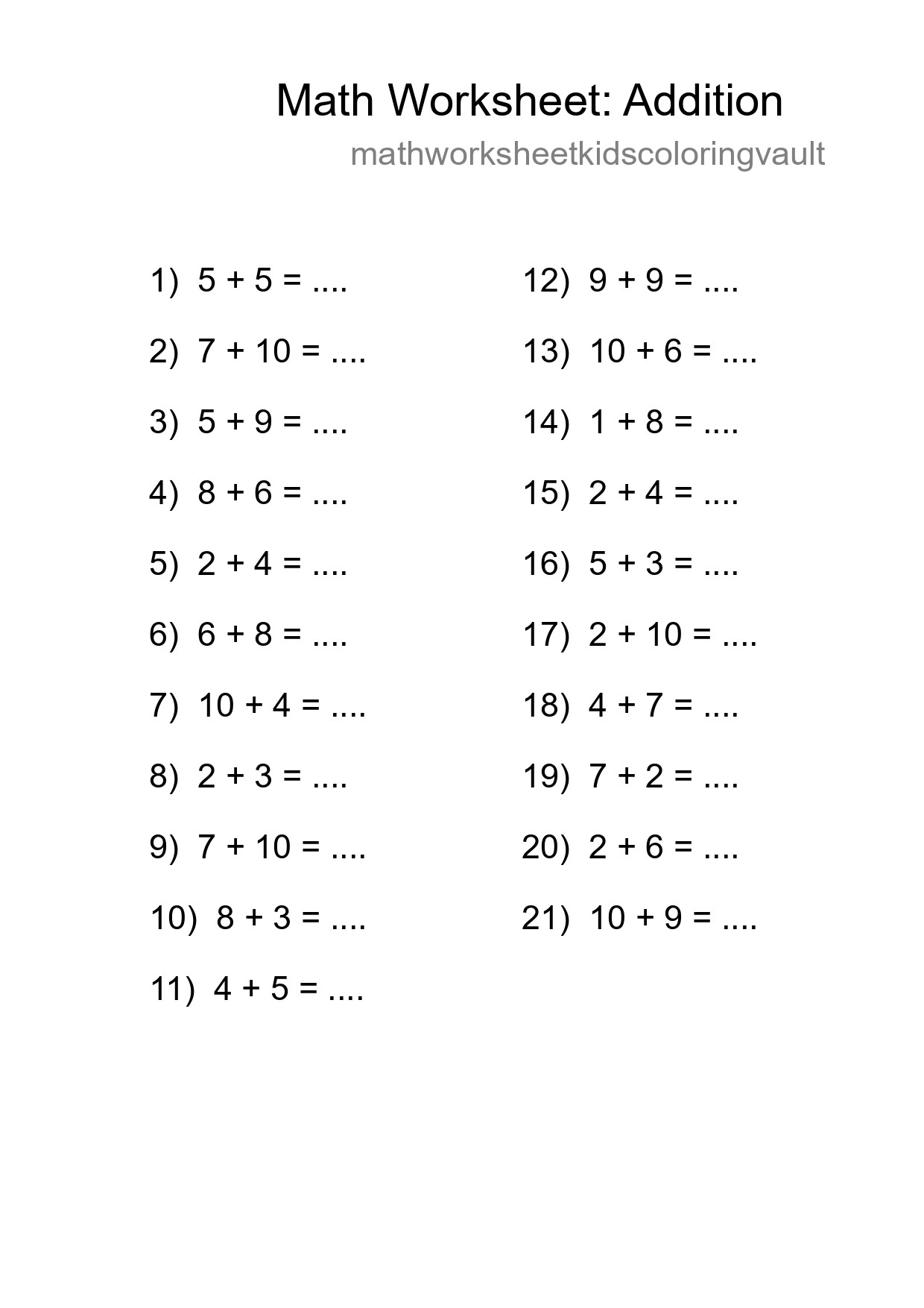 Free 21 Addition Math Worksheet For Grade 1 - Part 166