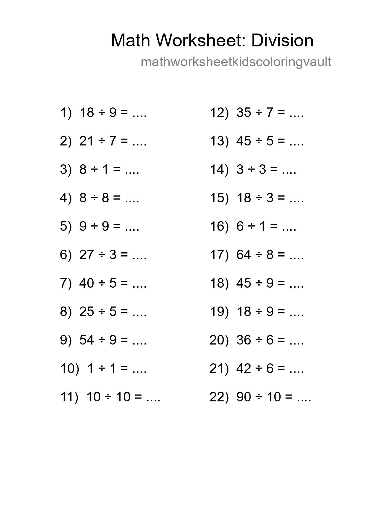 Free 22 Division Math Worksheet For Grade 1 With Answers - Part 48