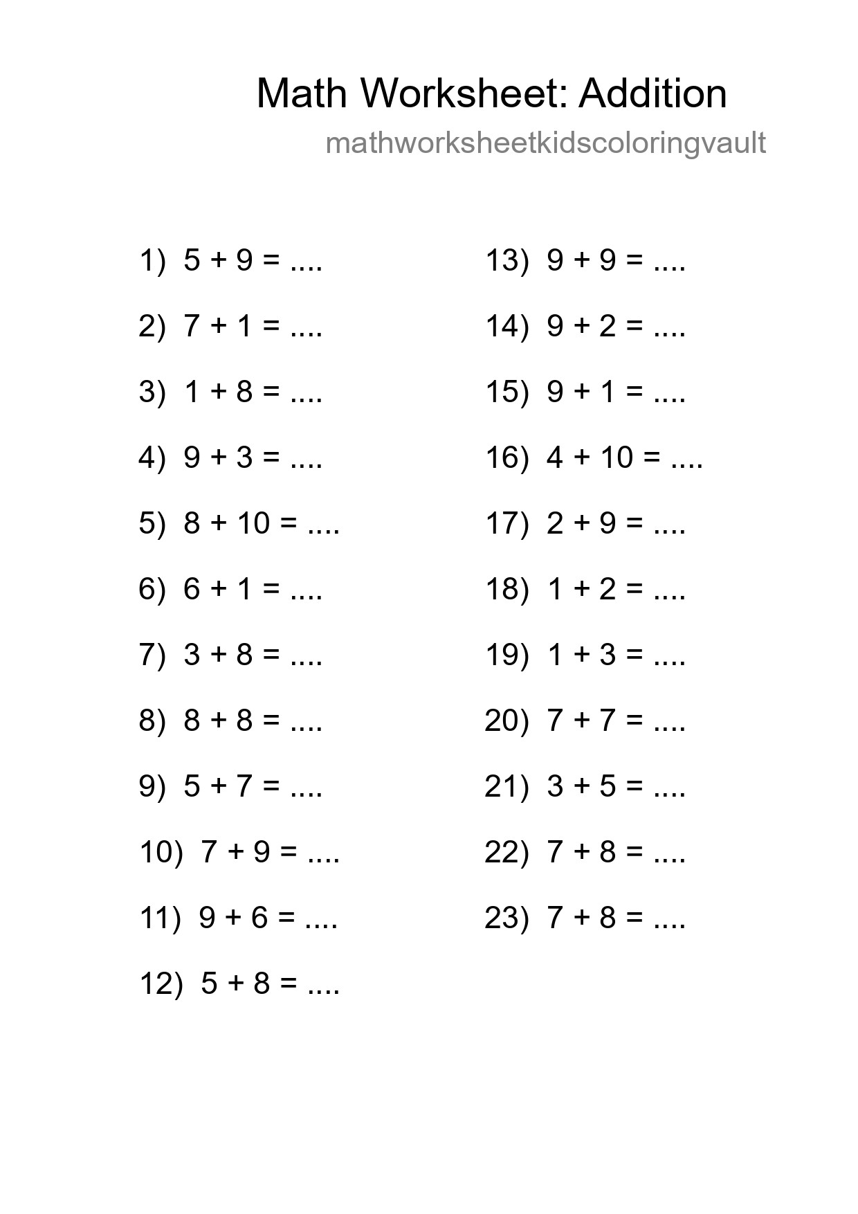 Free 23 Addition Math Worksheet For Grade 1 - Part 100