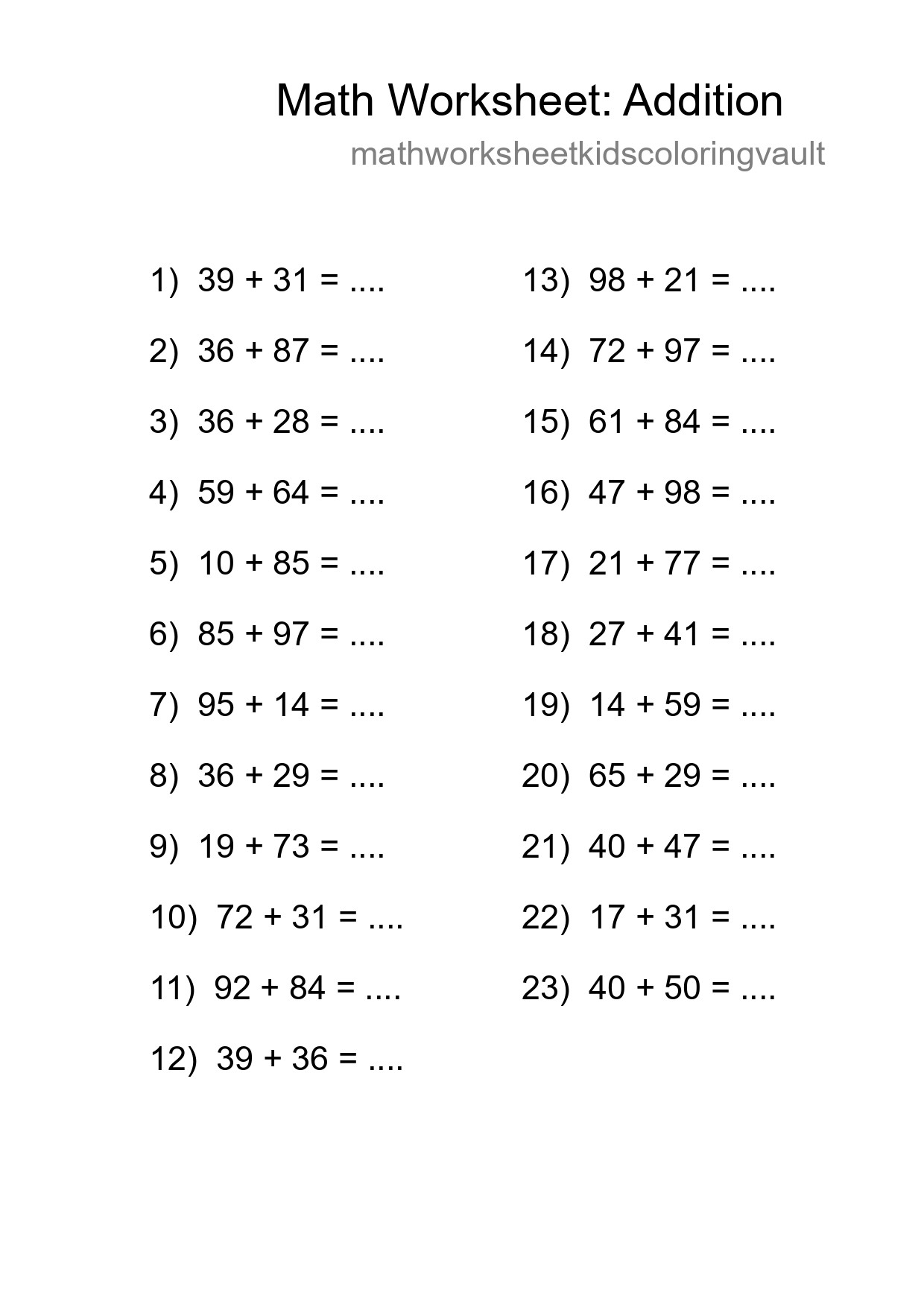 Free 23 Addition Math Worksheet For Grade 3 With Answers