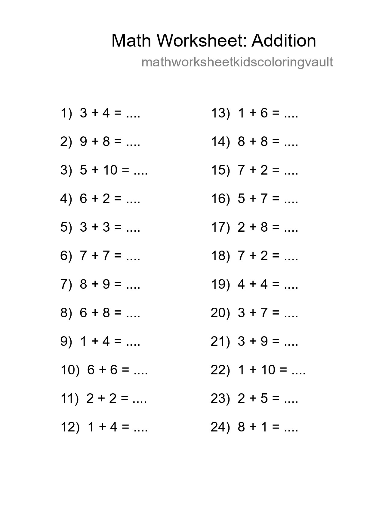 Free 24 Addition Math Worksheet For Grade 1 With Answers - Part 133