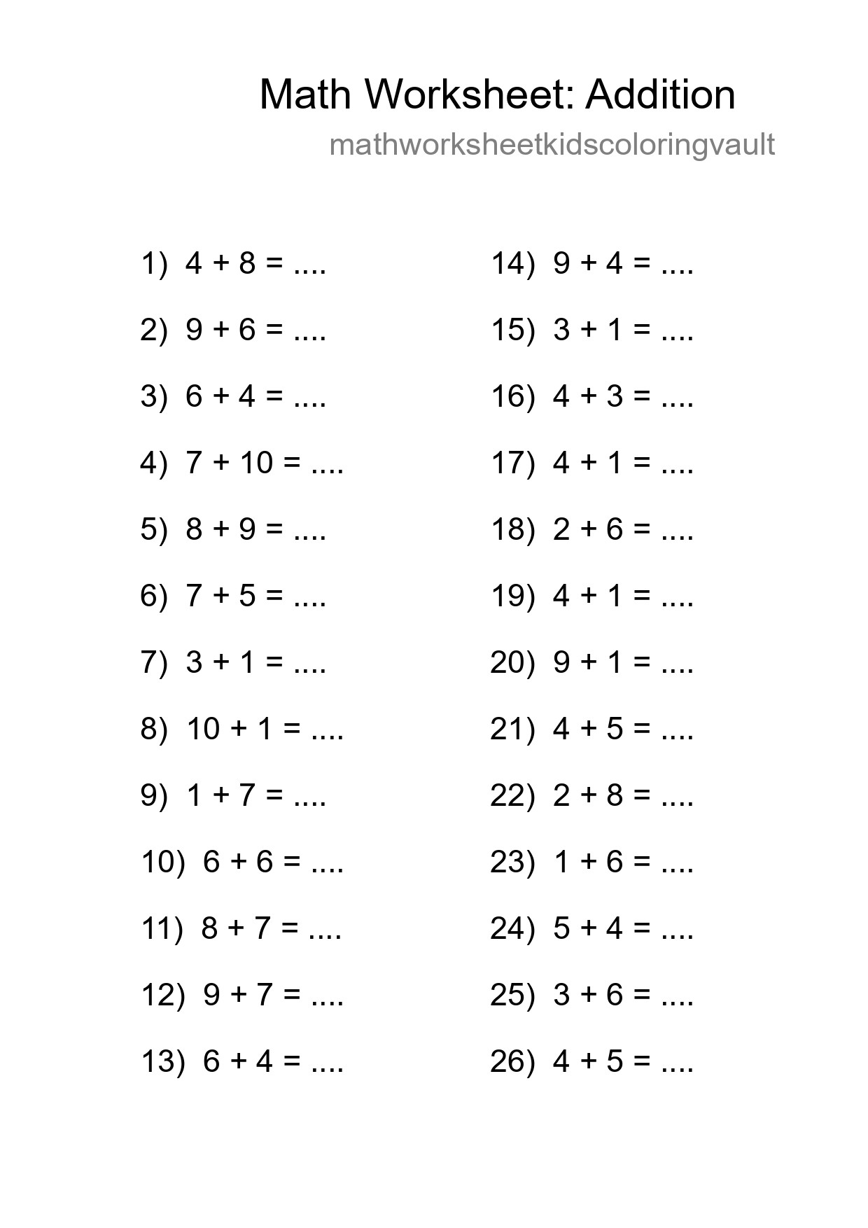 Free 26 Addition Math Worksheet For Grade 1 - Part 45