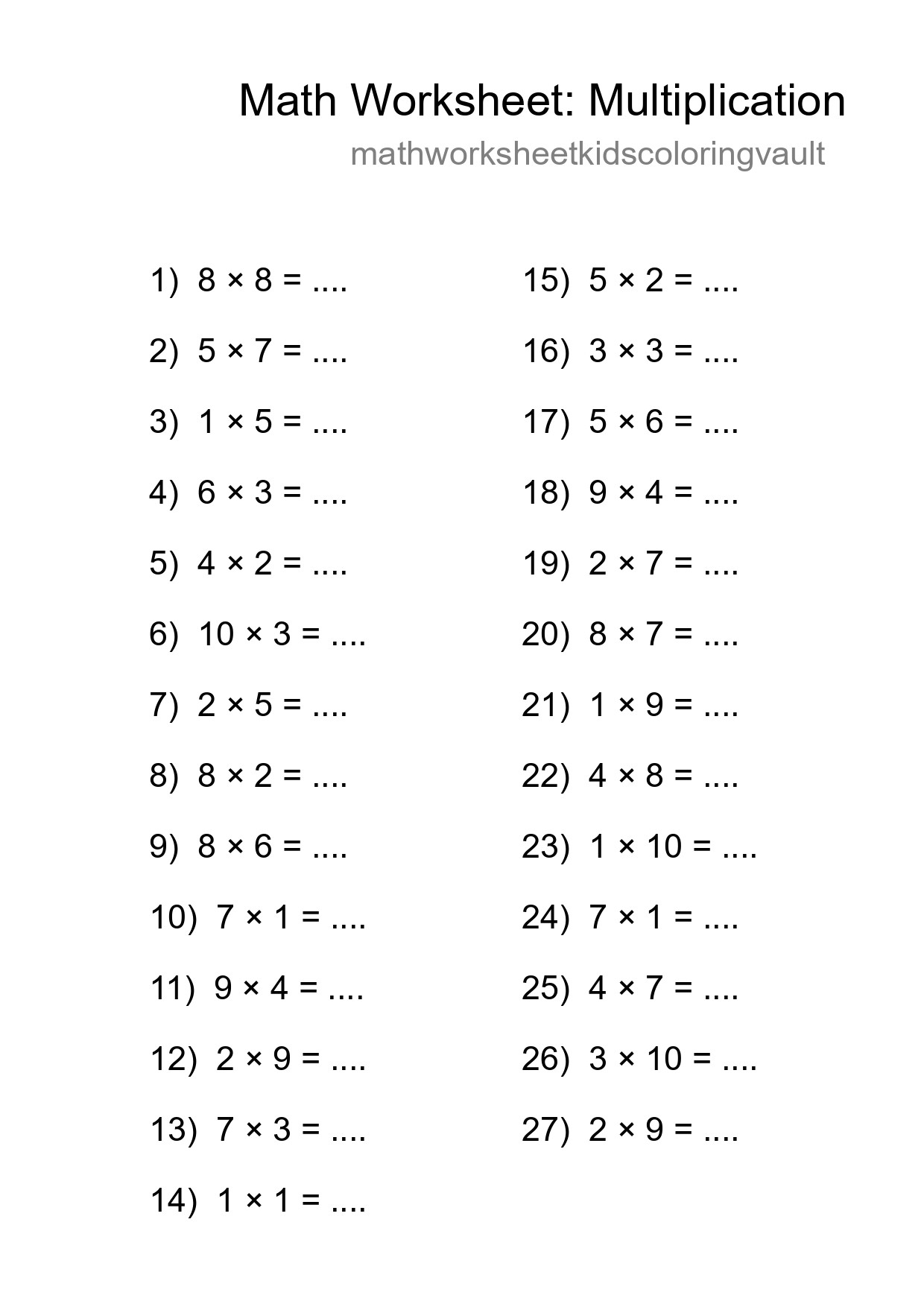 Free 27 Multiplication Math Worksheet For Grade 1 - Part 7