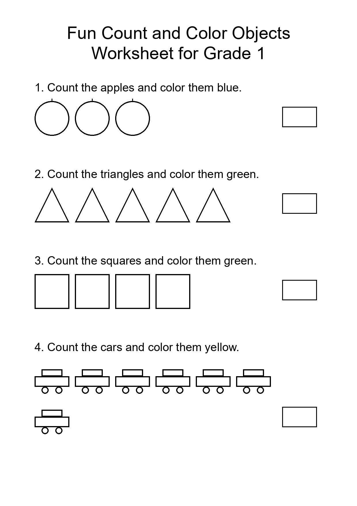 Fun Count and Color Objects Worksheet for Grade 1
