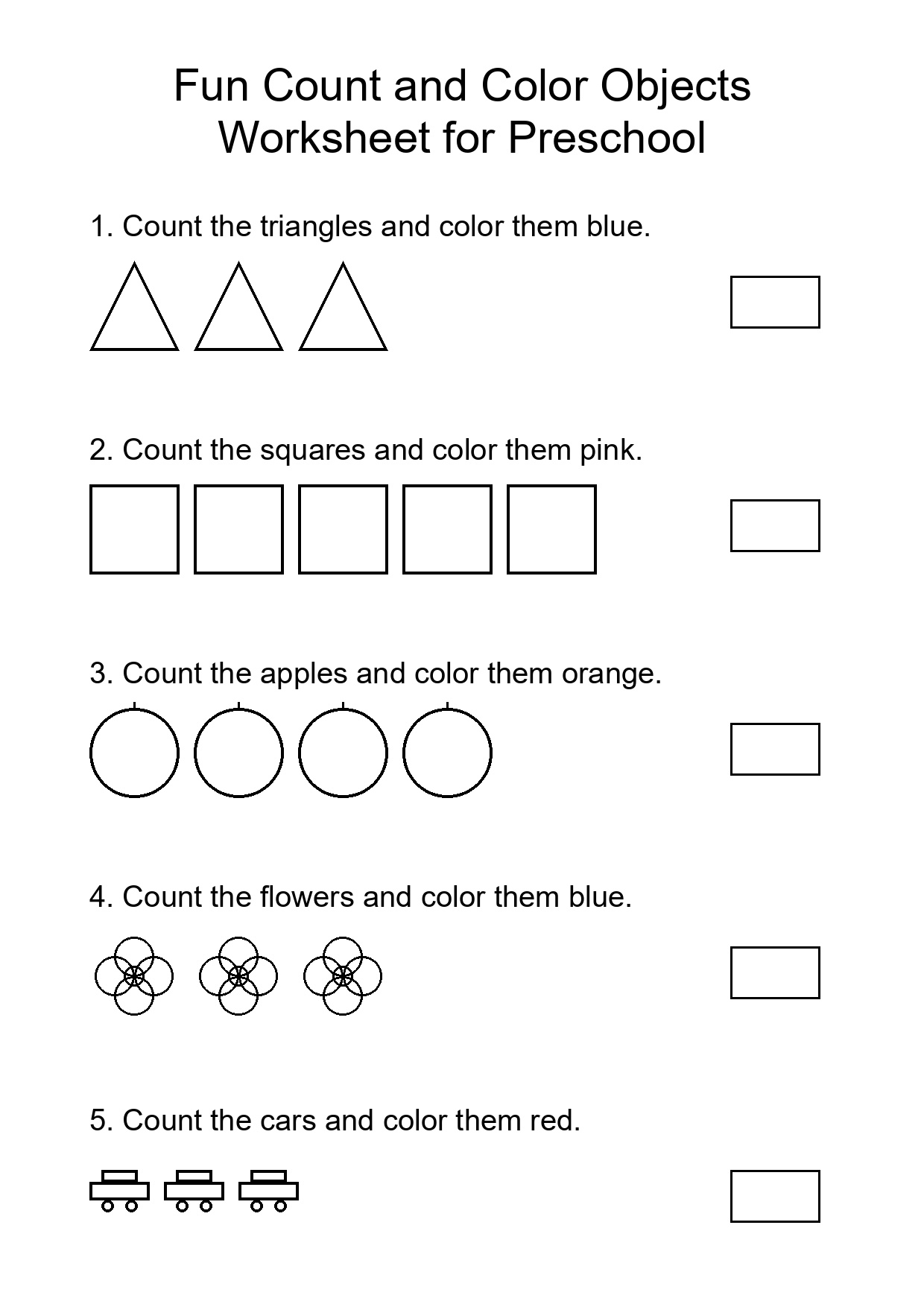Fun Count and Color Objects Worksheet for Preschool