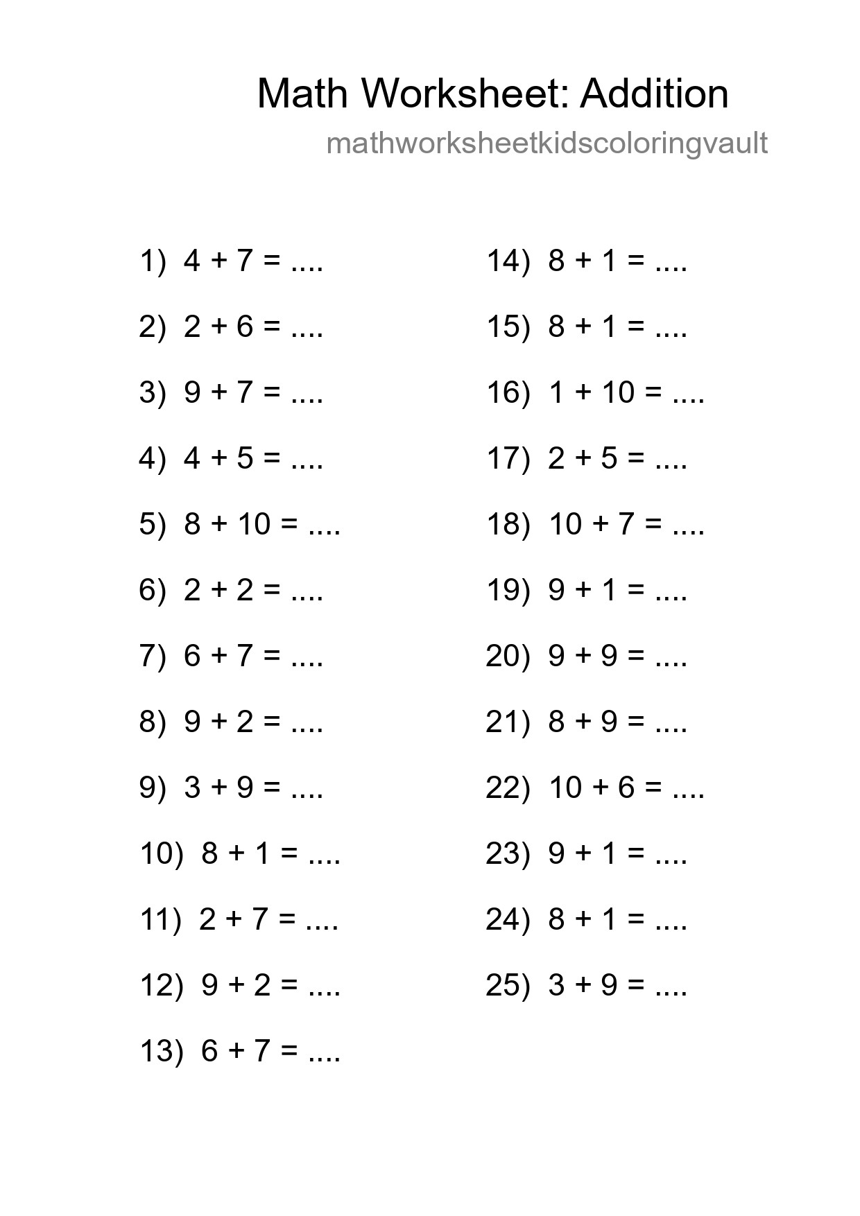 Grade 1 Addition Practice Worksheet (25 Problems) - Part 155