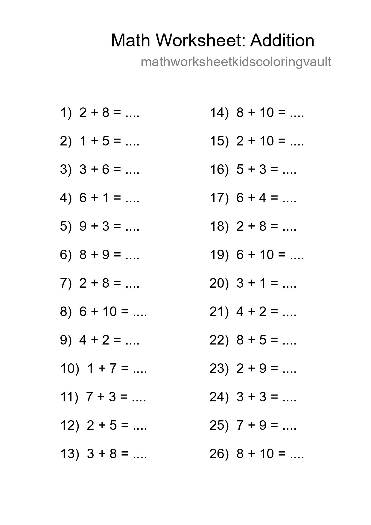 Grade 1 Addition Practice Worksheet (26 Problems) - Part 111