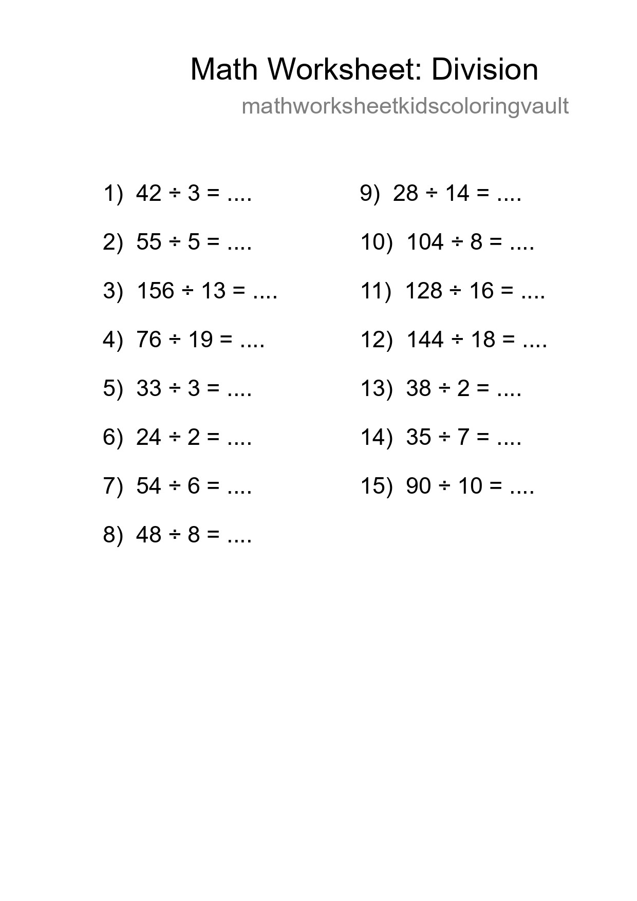 Grade 2 Division Practice Worksheet (15 Problems) - Part 224