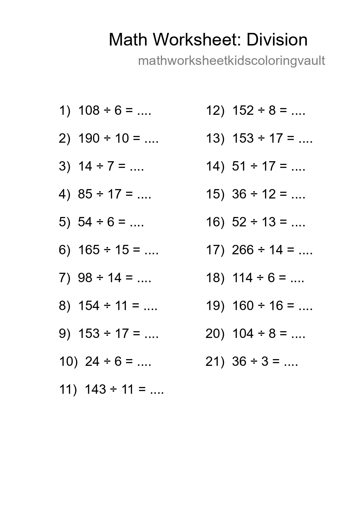 Grade 2 Division Practice Worksheet (21 Problems) - Part 70