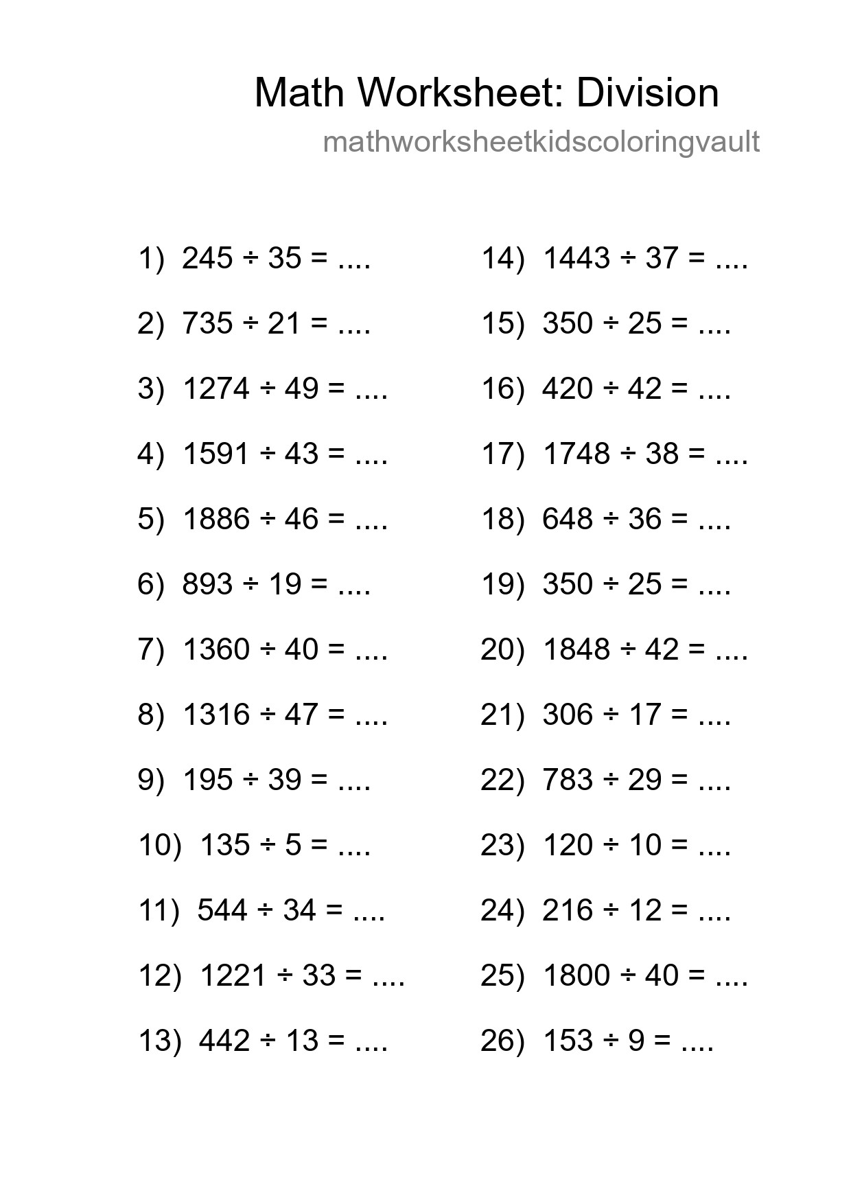 Grade 2 Division Practice Worksheet (26 Problems) - Part 37