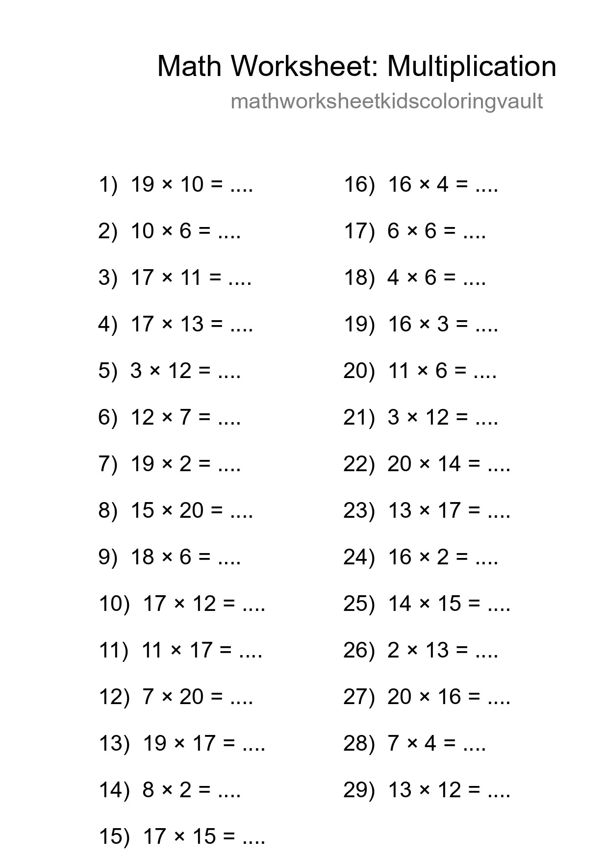 Grade 2 Multiplication Practice Worksheet (29 Problems) - Part 183