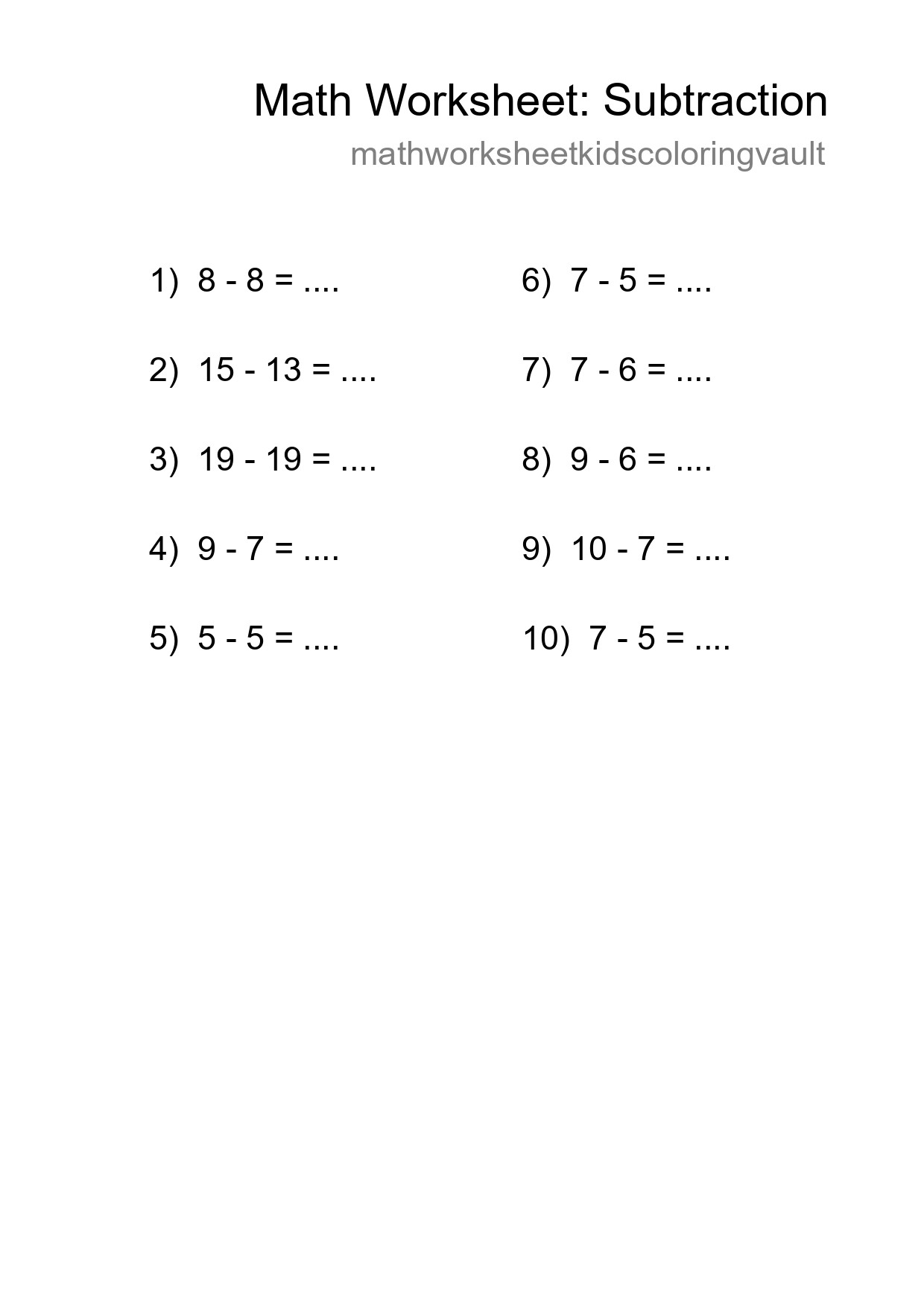 Grade 2 Subtraction Practice Worksheet (10 Problems) - Part 8