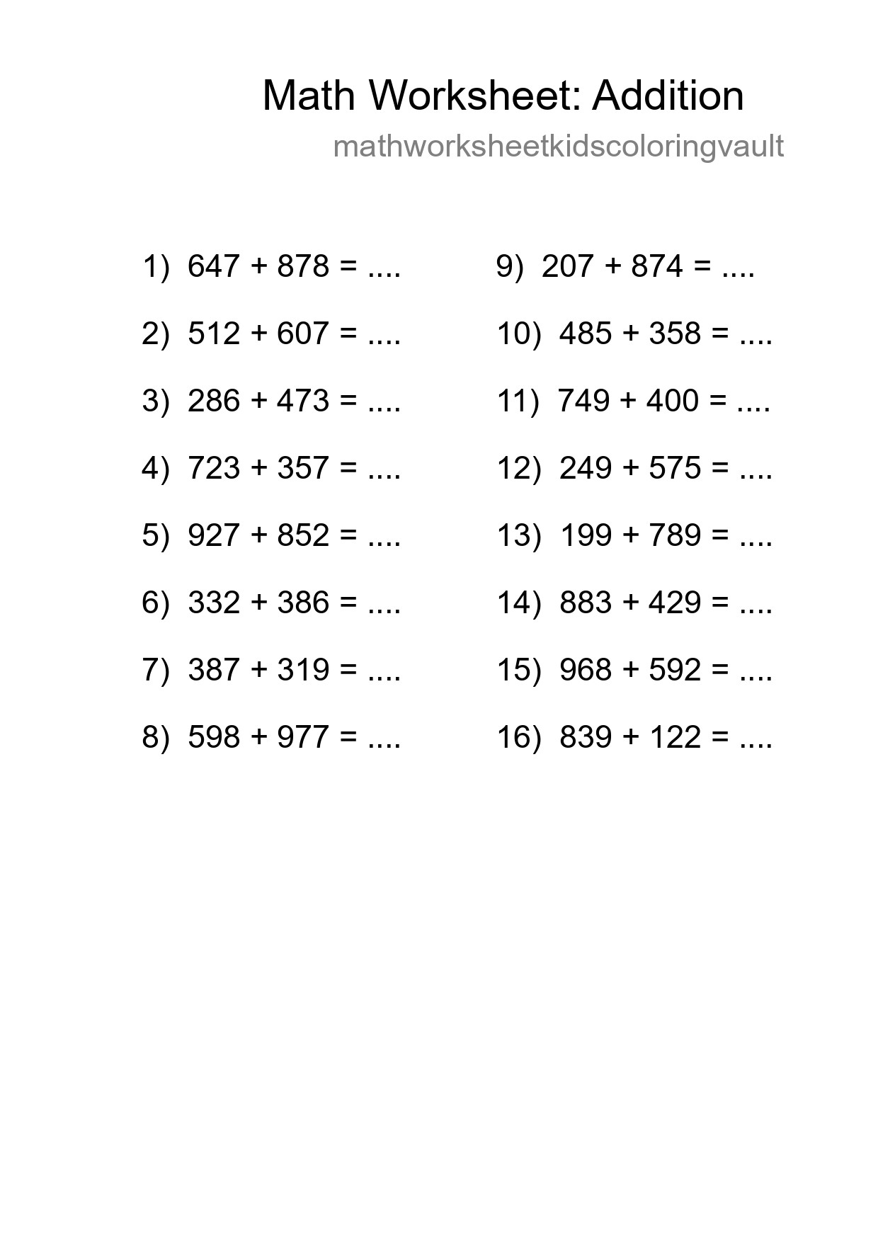 Grade 5 Addition Practice Worksheet (16 Problems) - Part 243