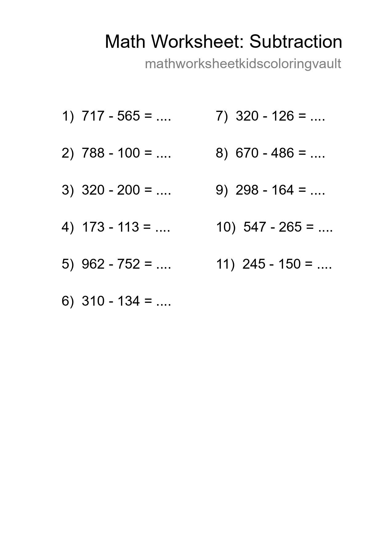 Grade 5 Subtraction Practice Worksheet (11 Problems) - Part 85