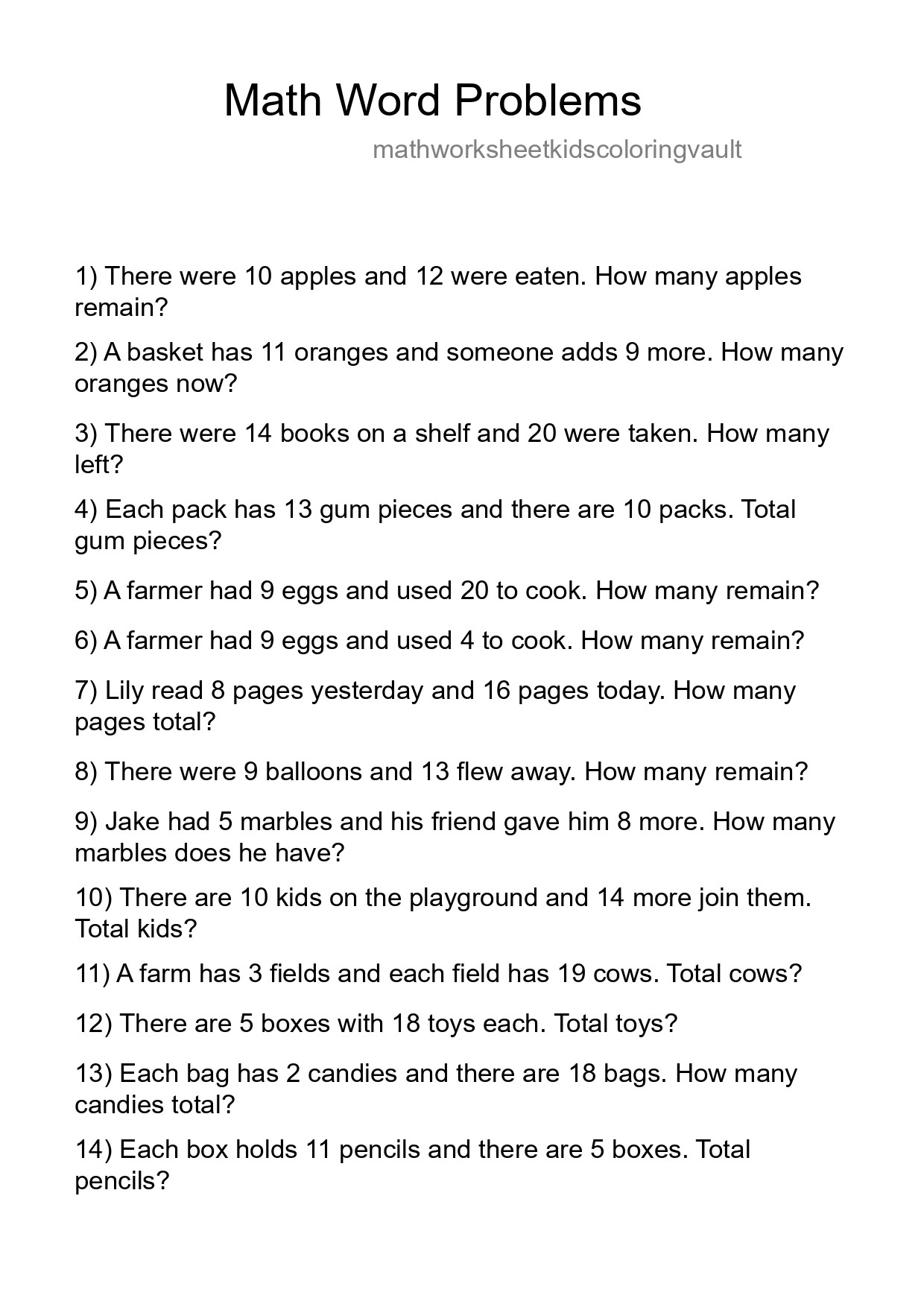 Math Word Problem Worksheet