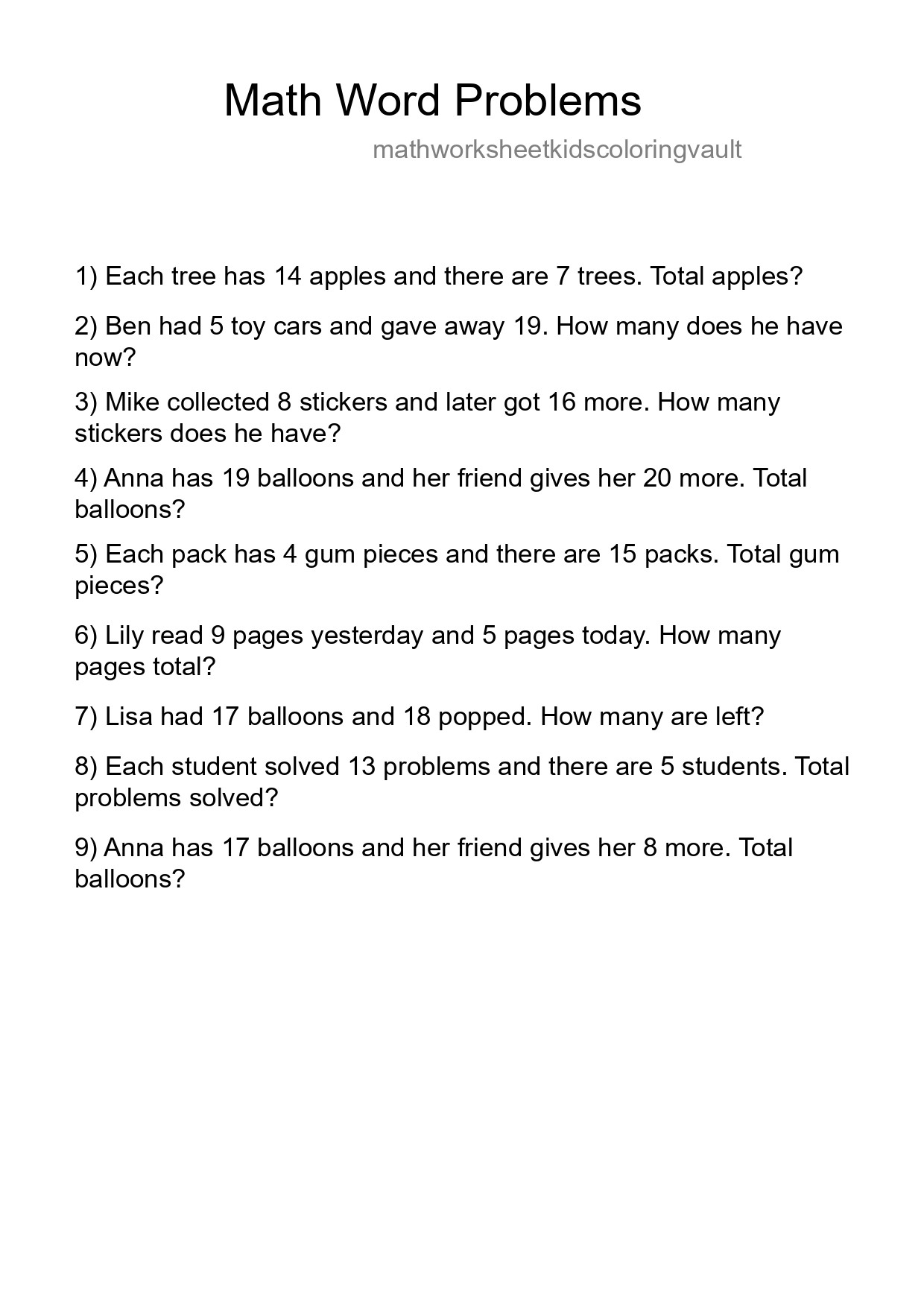 Math Word Problem Worksheet