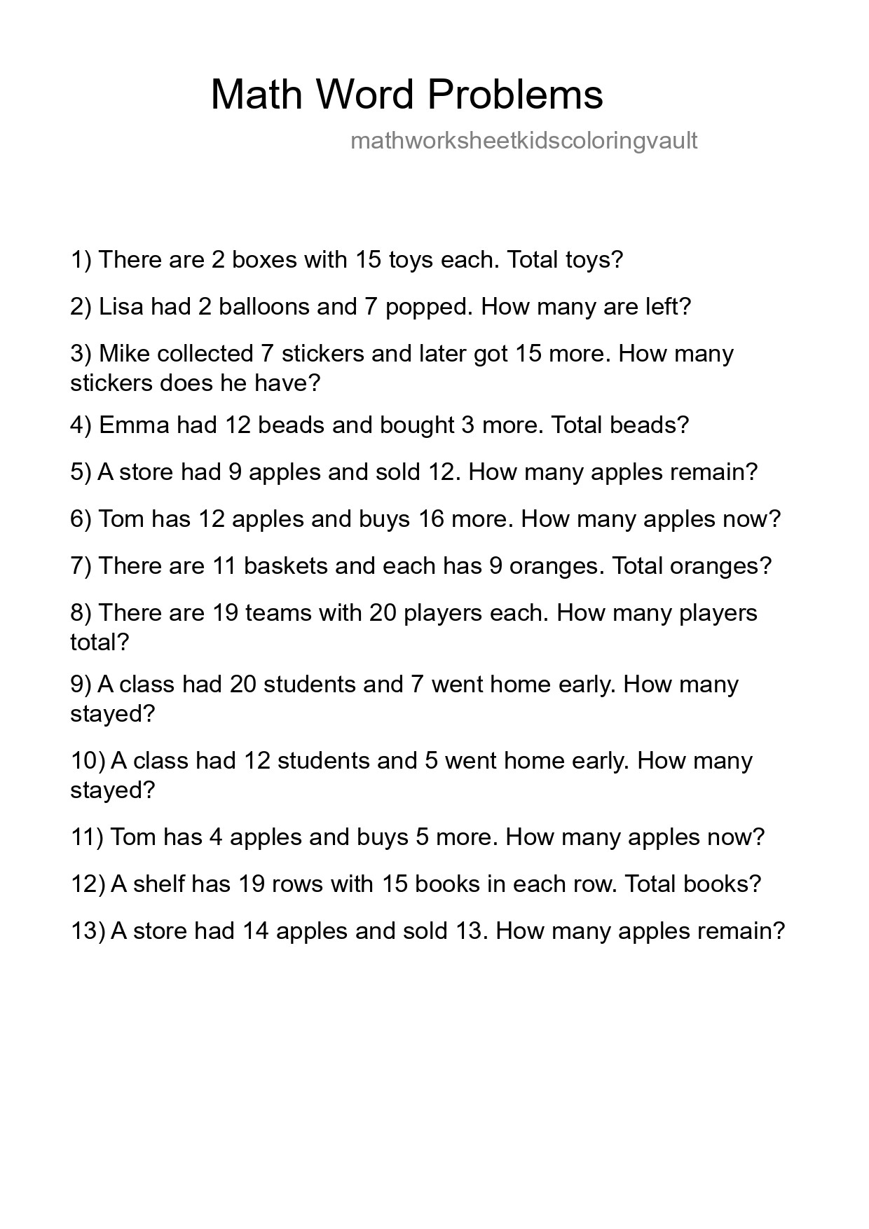 Math Word Problem Worksheet