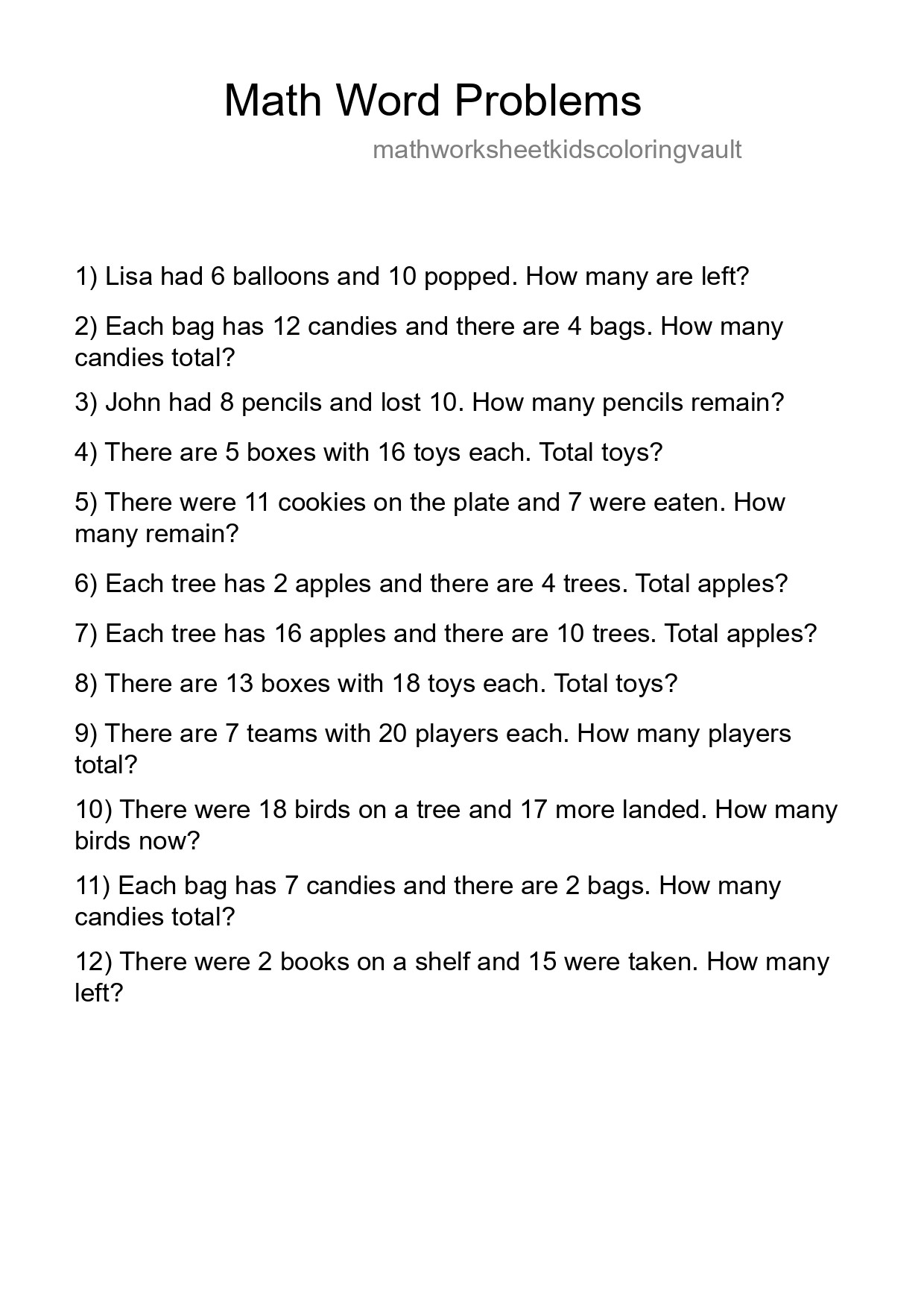 Math Word Problem Worksheet