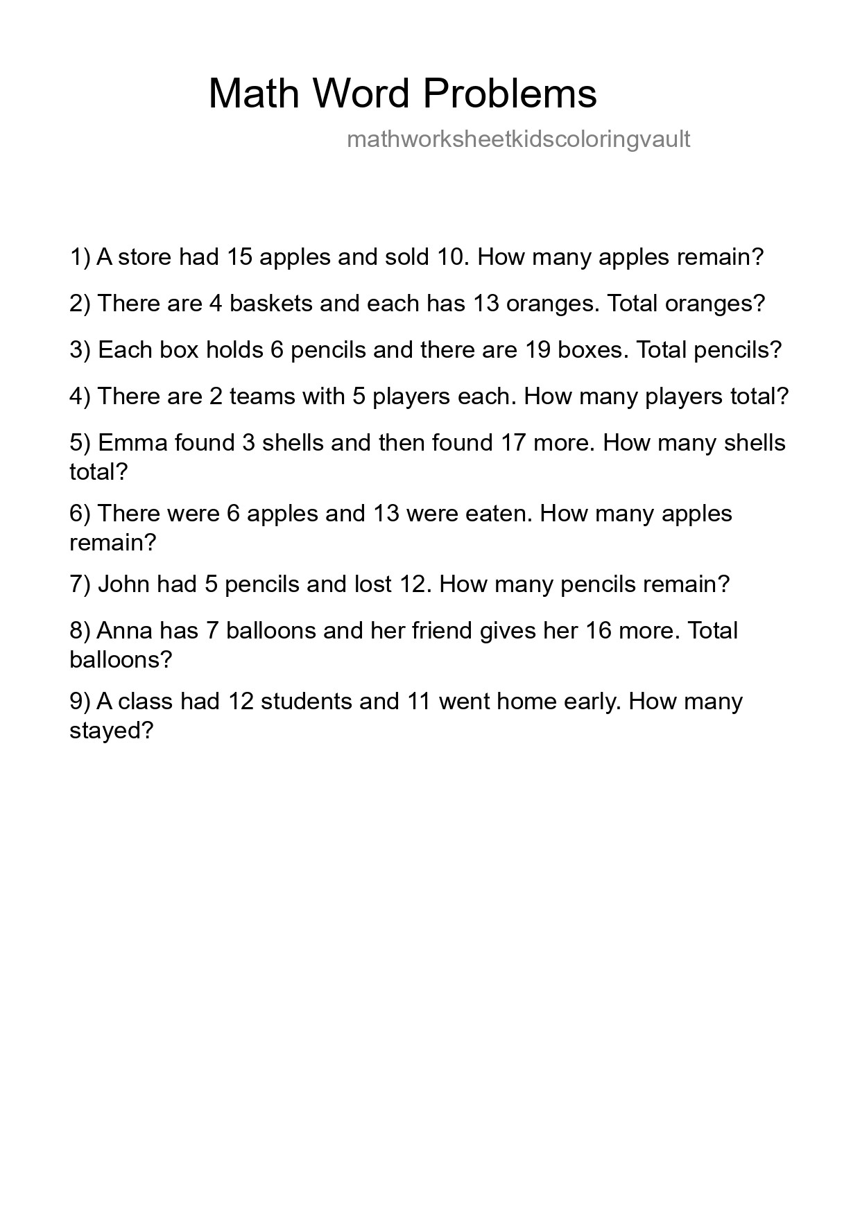Math Word Problem Worksheet