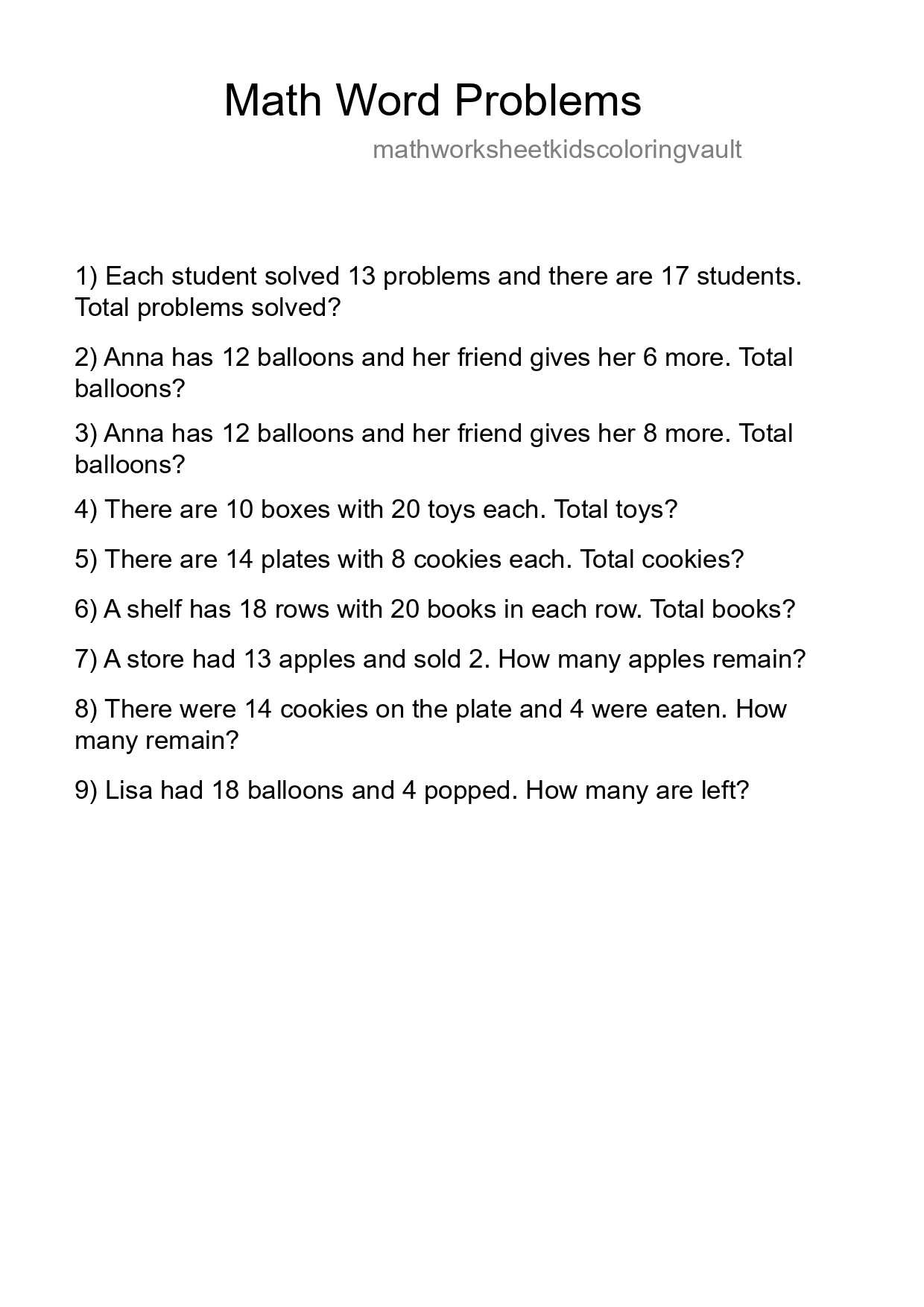 Math Word Problem Worksheet