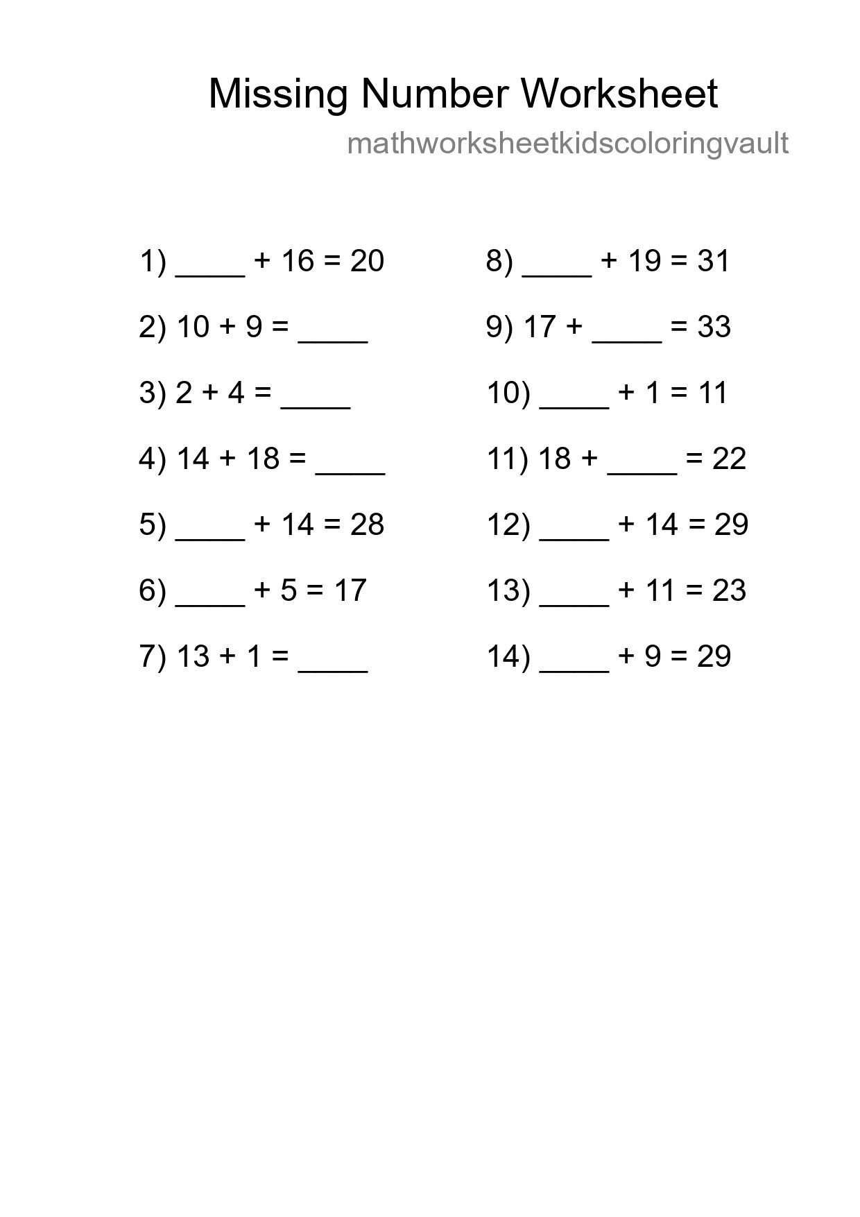 Missing Number Math Worksheet