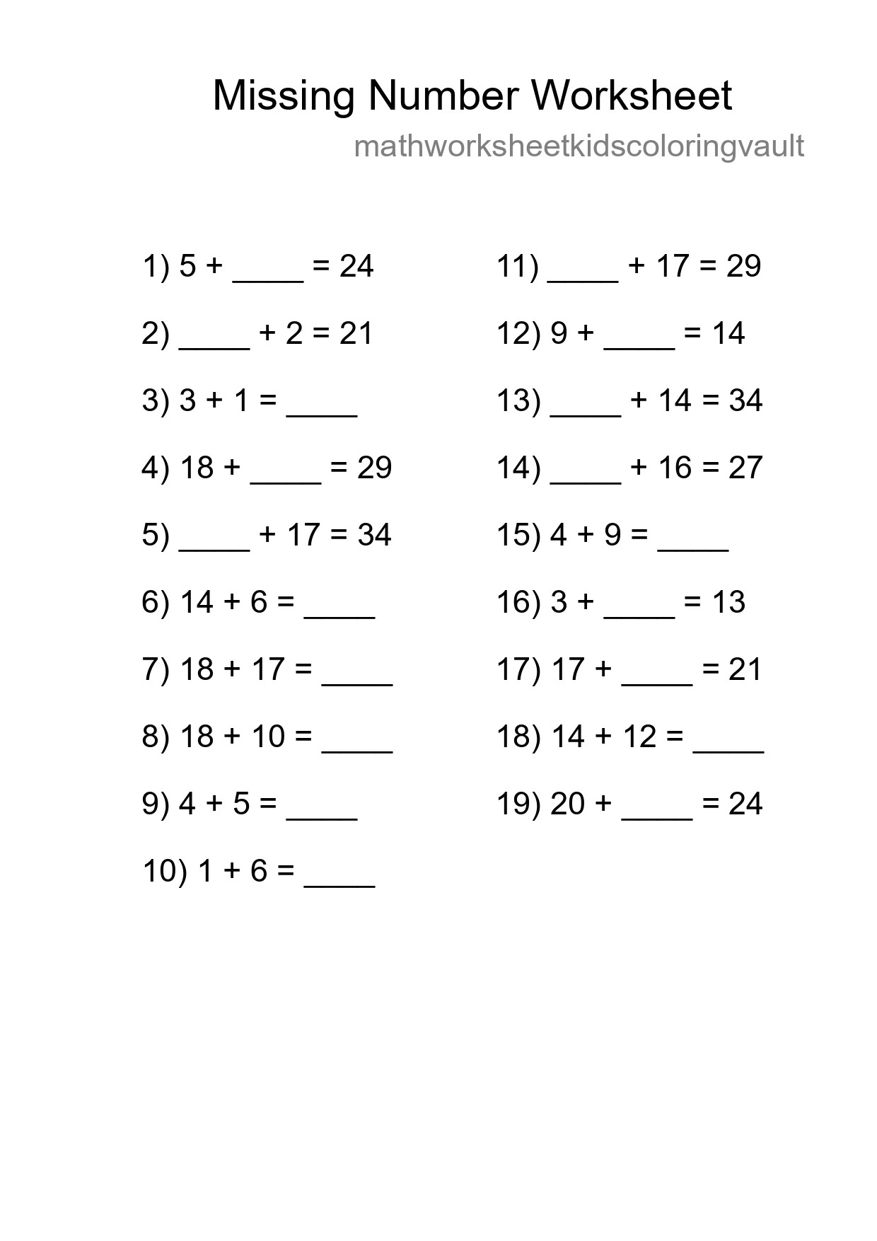 Missing Number Math Worksheet