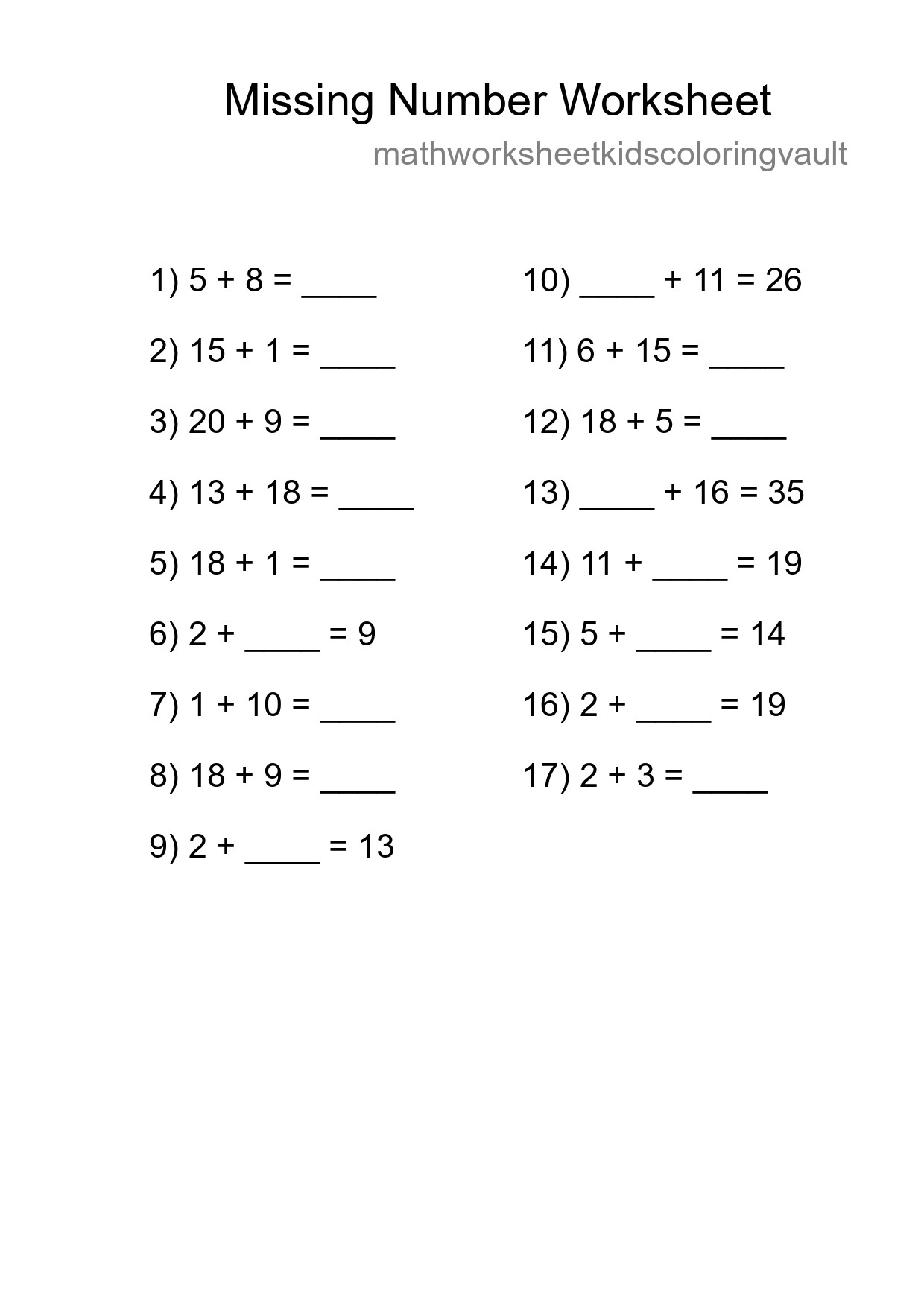 Missing Number Math Worksheet