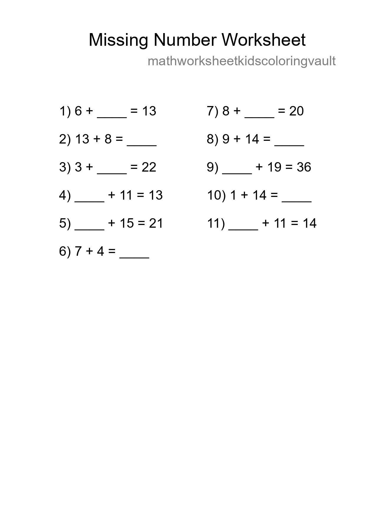 Missing Number Math Worksheet