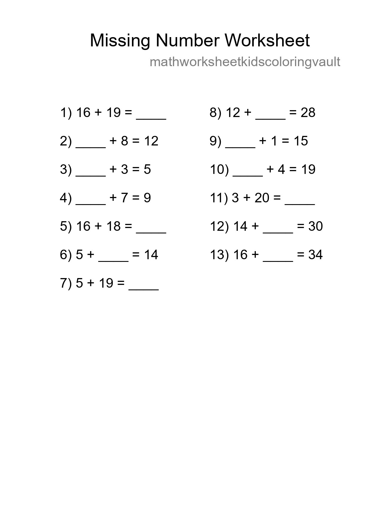Missing Number Math Worksheet