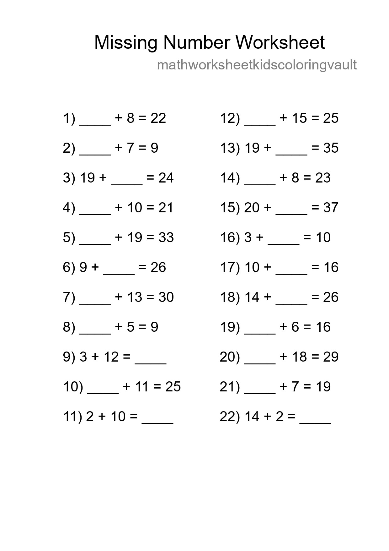 Missing Number Math Worksheet