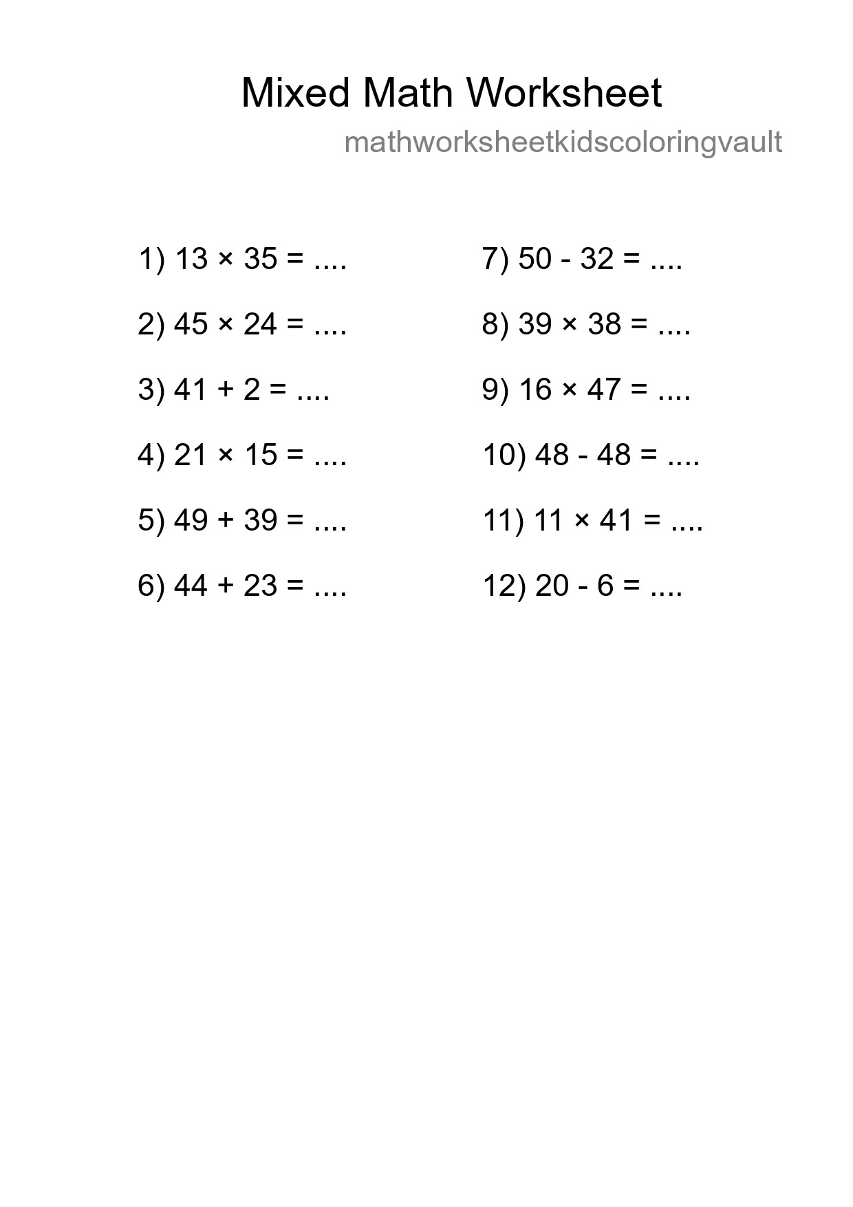 Mixed Operations Math Worksheet