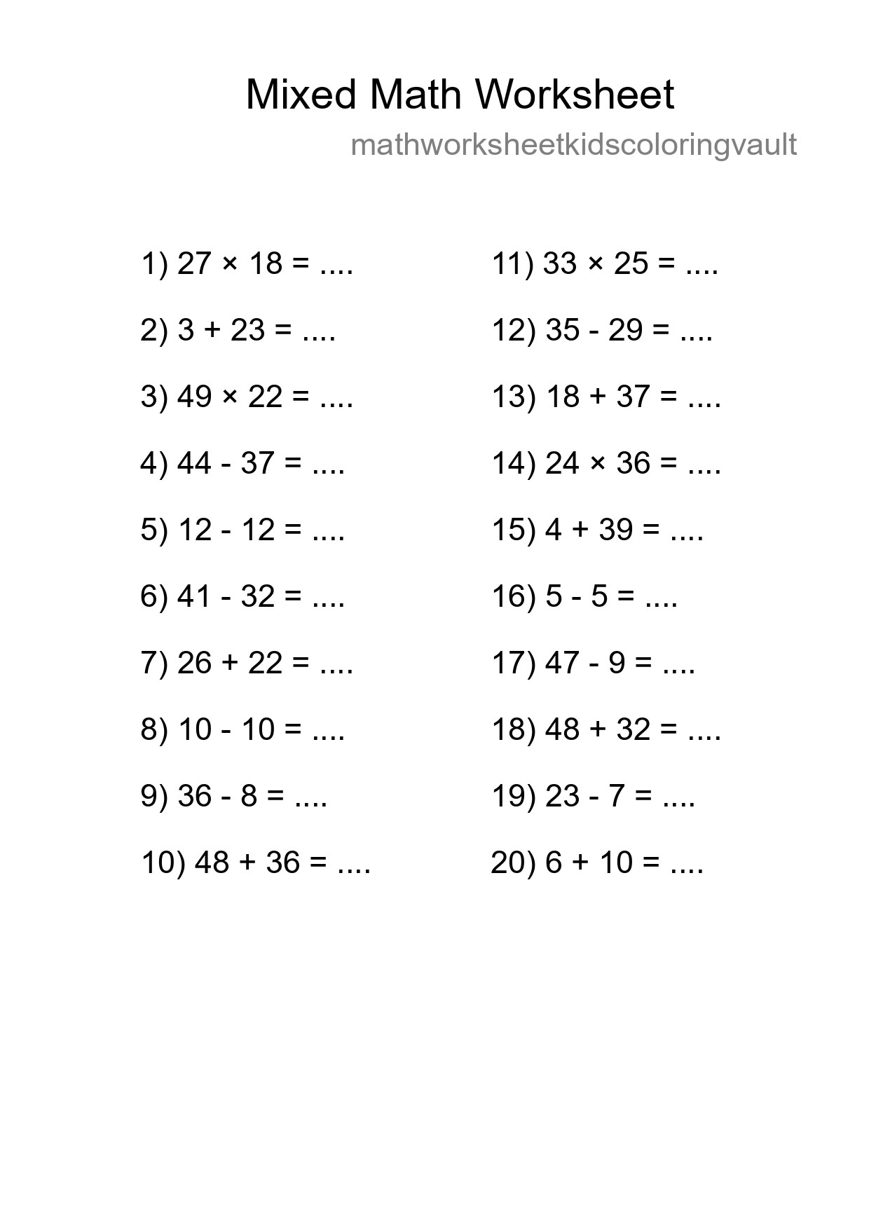Mixed Operations Math Worksheet