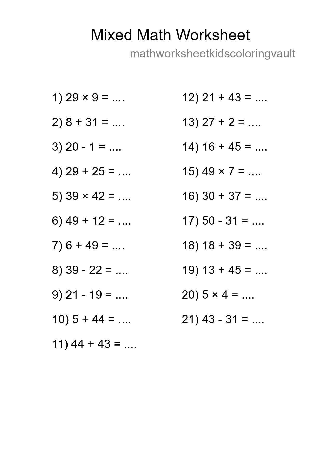 Mixed Operations Math Worksheet