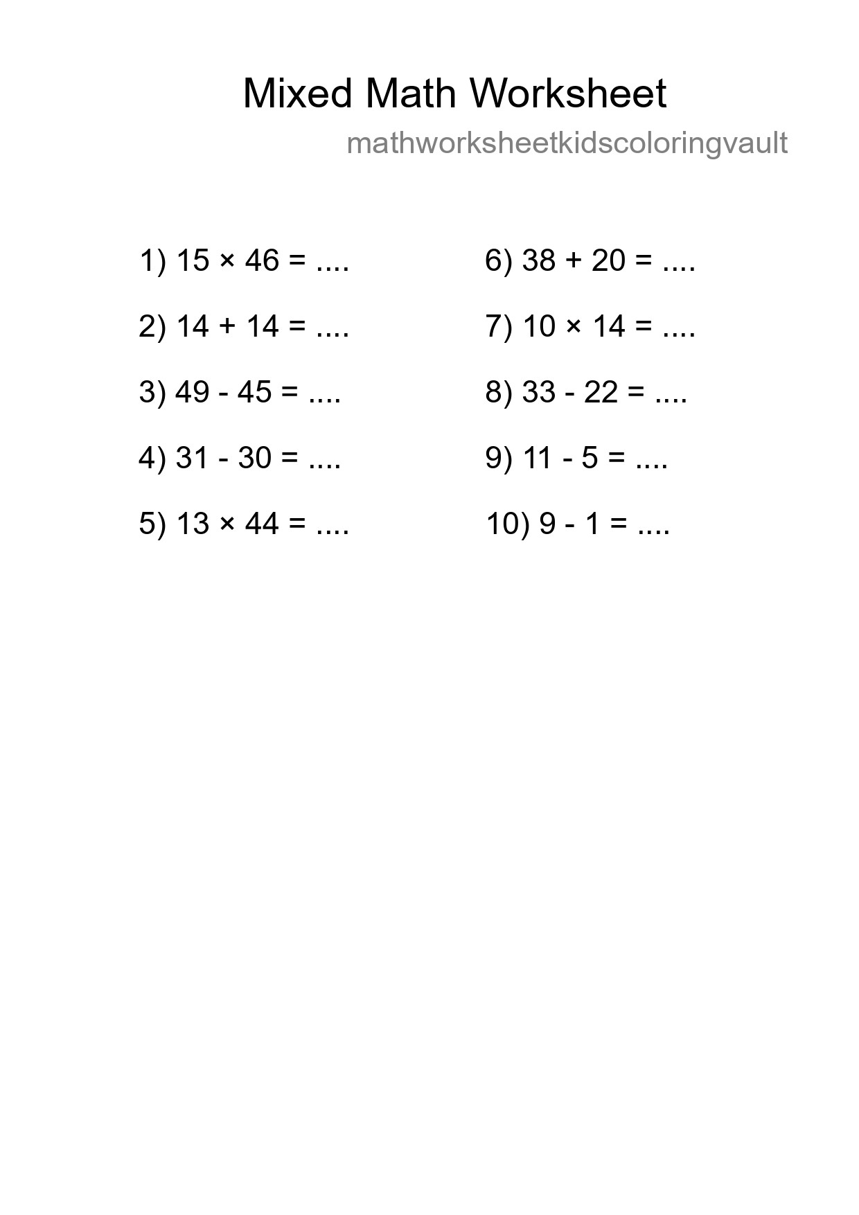 Mixed Operations Math Worksheet