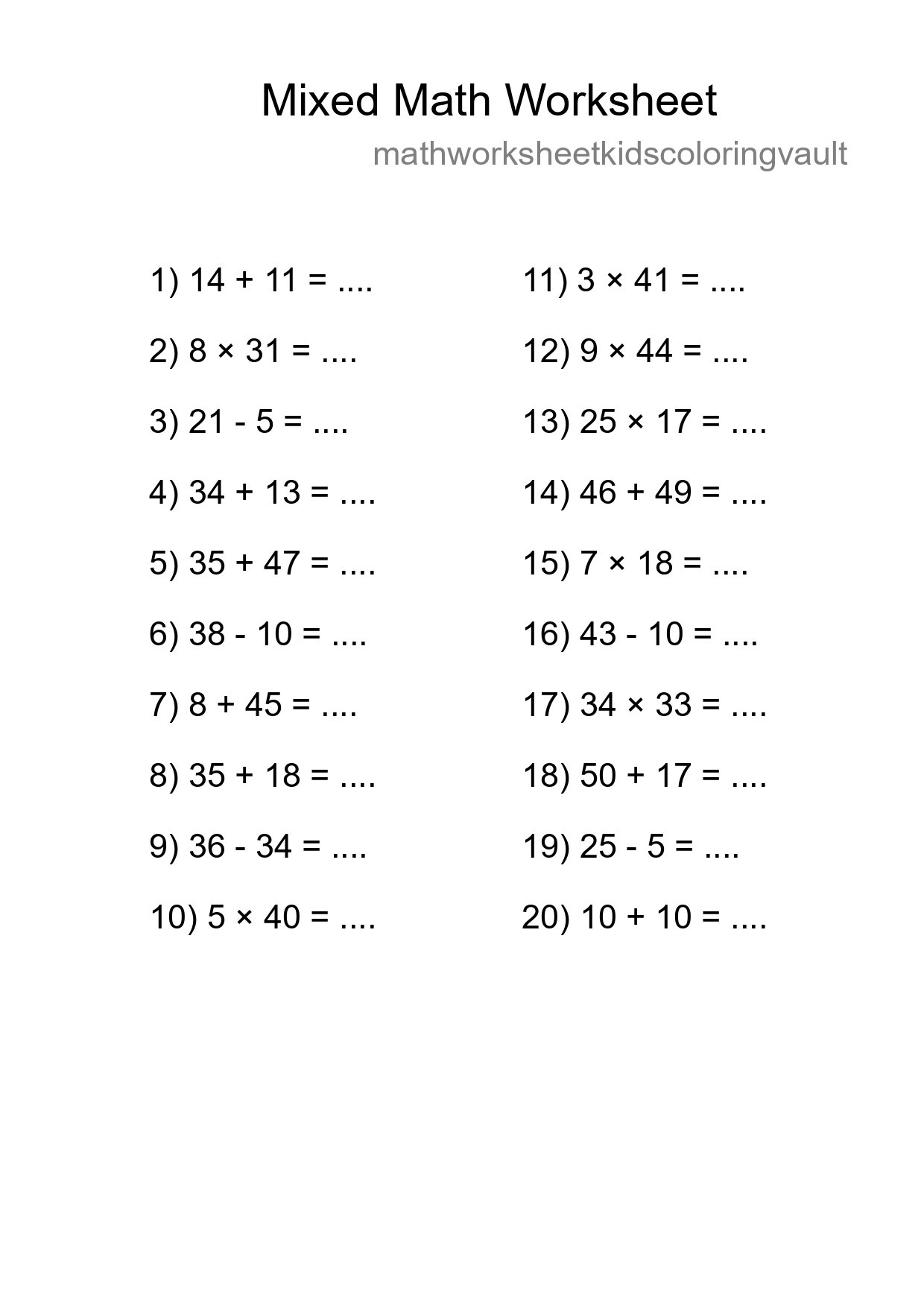 Mixed Operations Math Worksheet