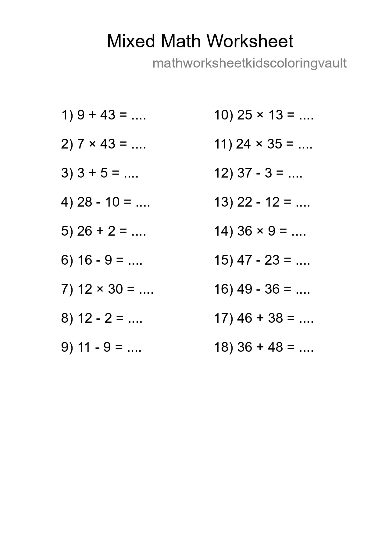 Mixed Operations Math Worksheet