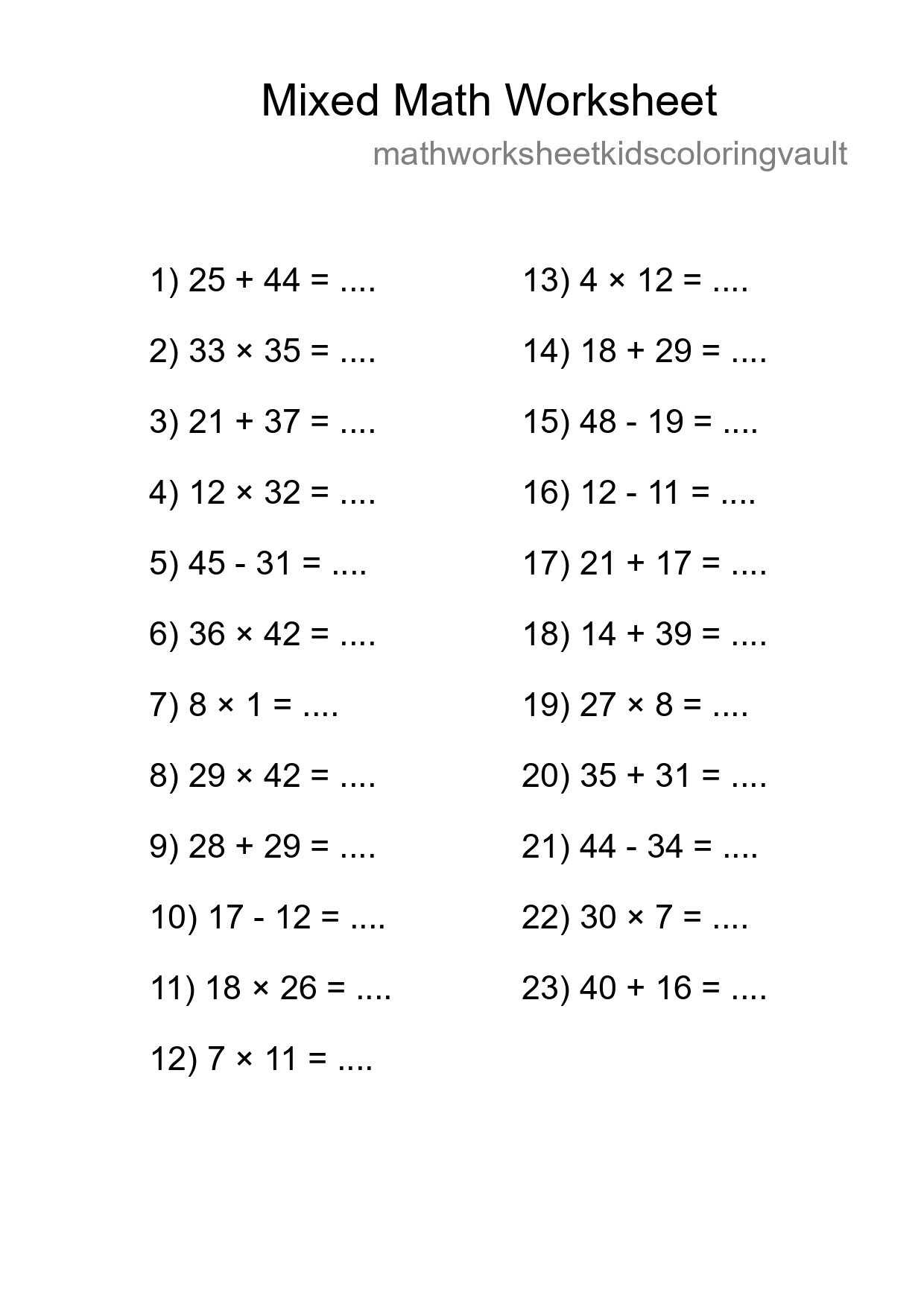 Mixed Operations Math Worksheet