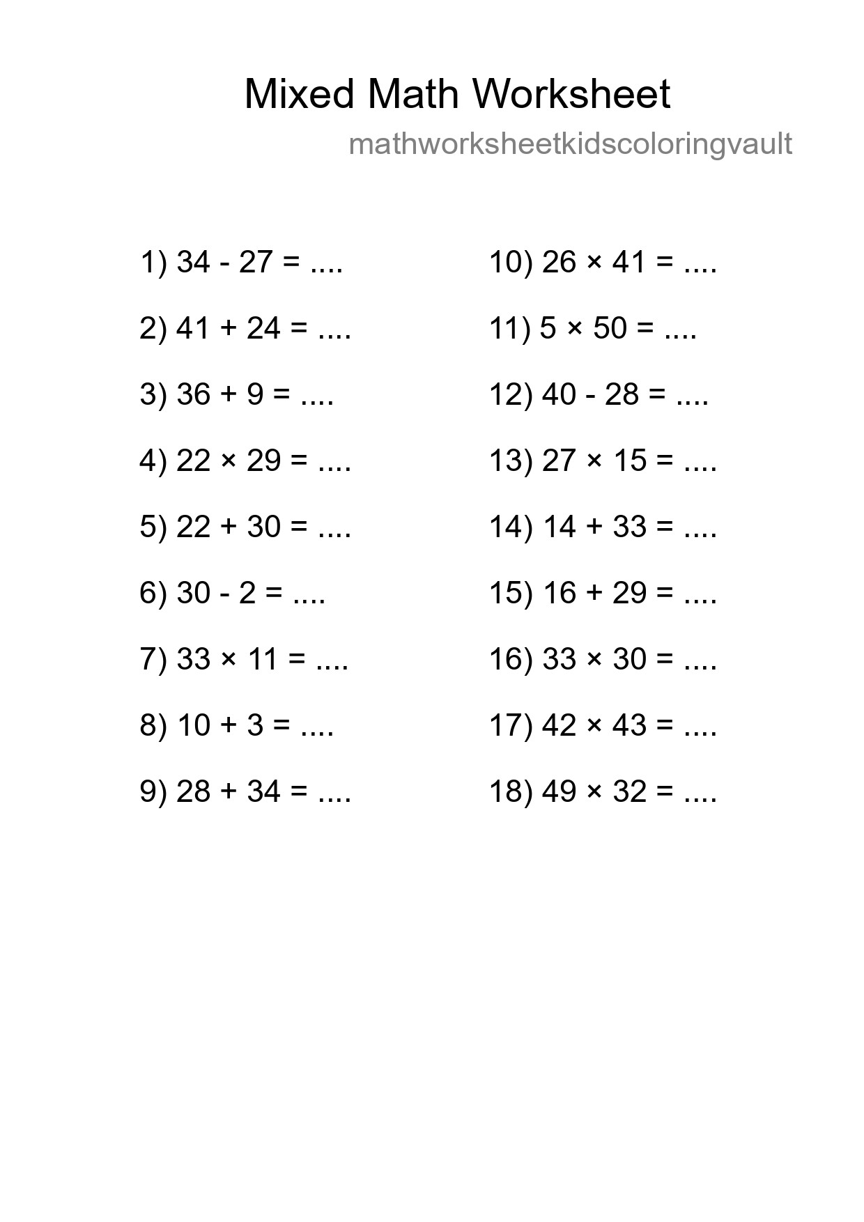 Mixed Operations Math Worksheet