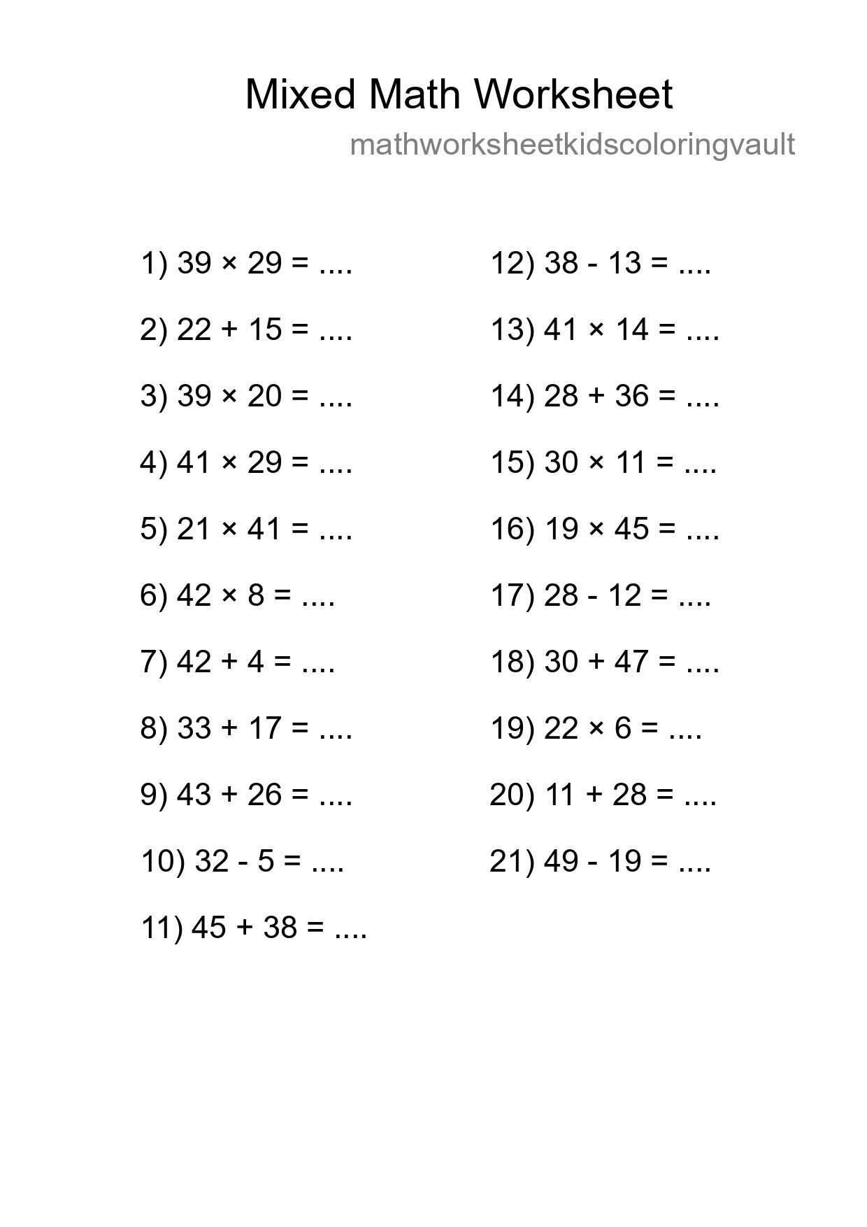 Mixed Operations Math Worksheet