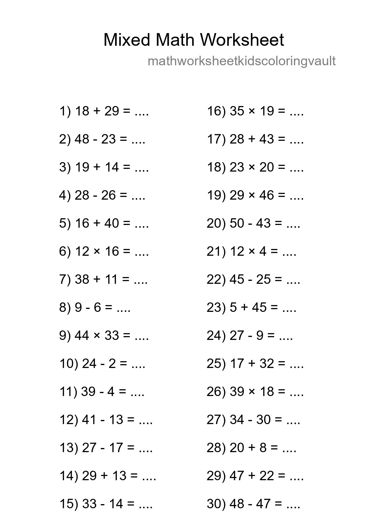Mixed Operations Math Worksheet