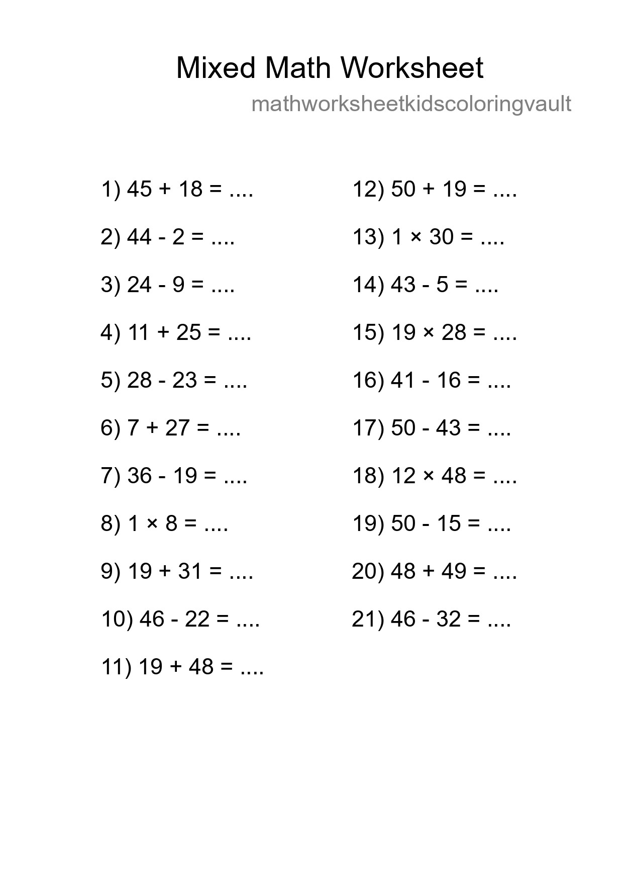 Mixed Operations Math Worksheet